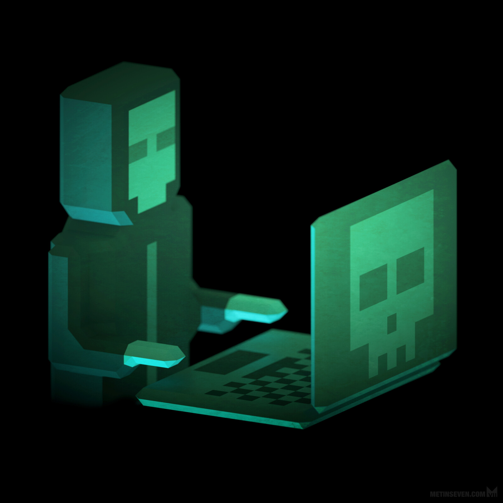 Low-polygon 3D style hacker character design and artwork.