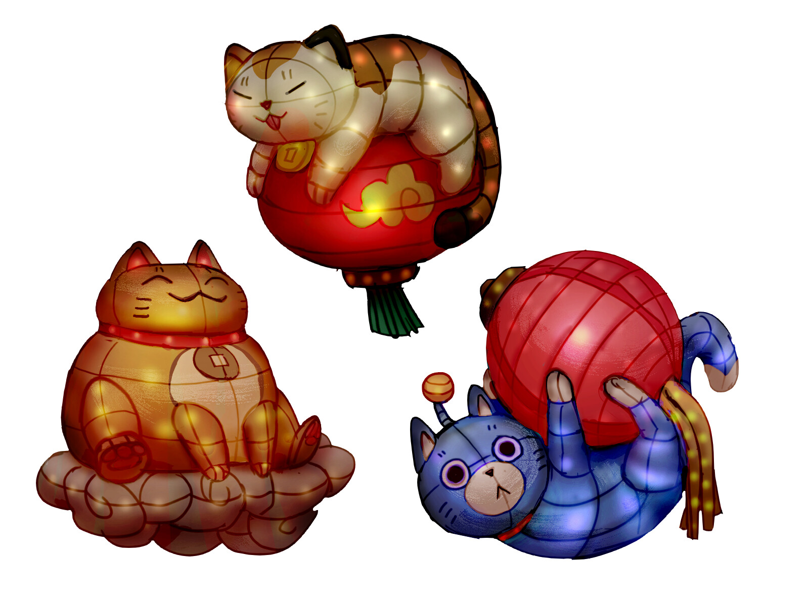 Lucky cat themed lanterns. They wanted one of them to be based off of a riot character! In some countries, the year of the rabbit is the cat.