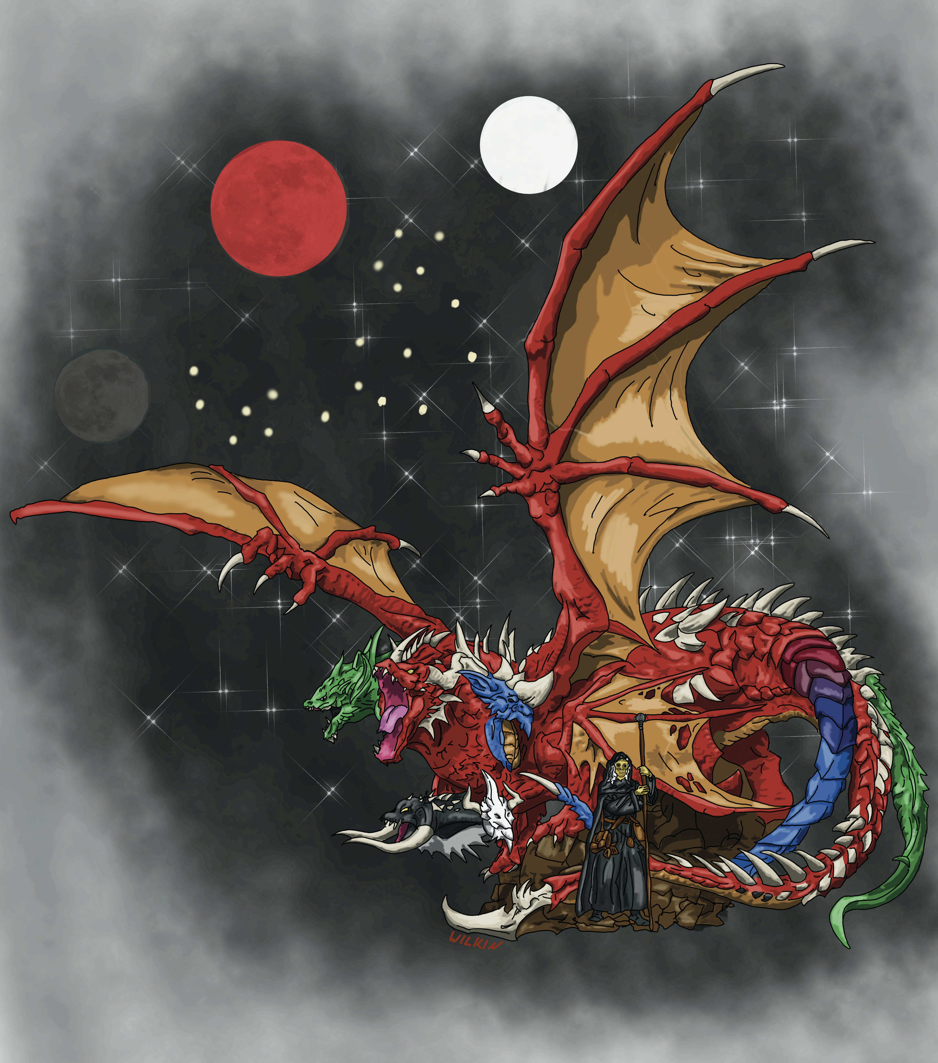 Tiamat with three moons of Krynn.
