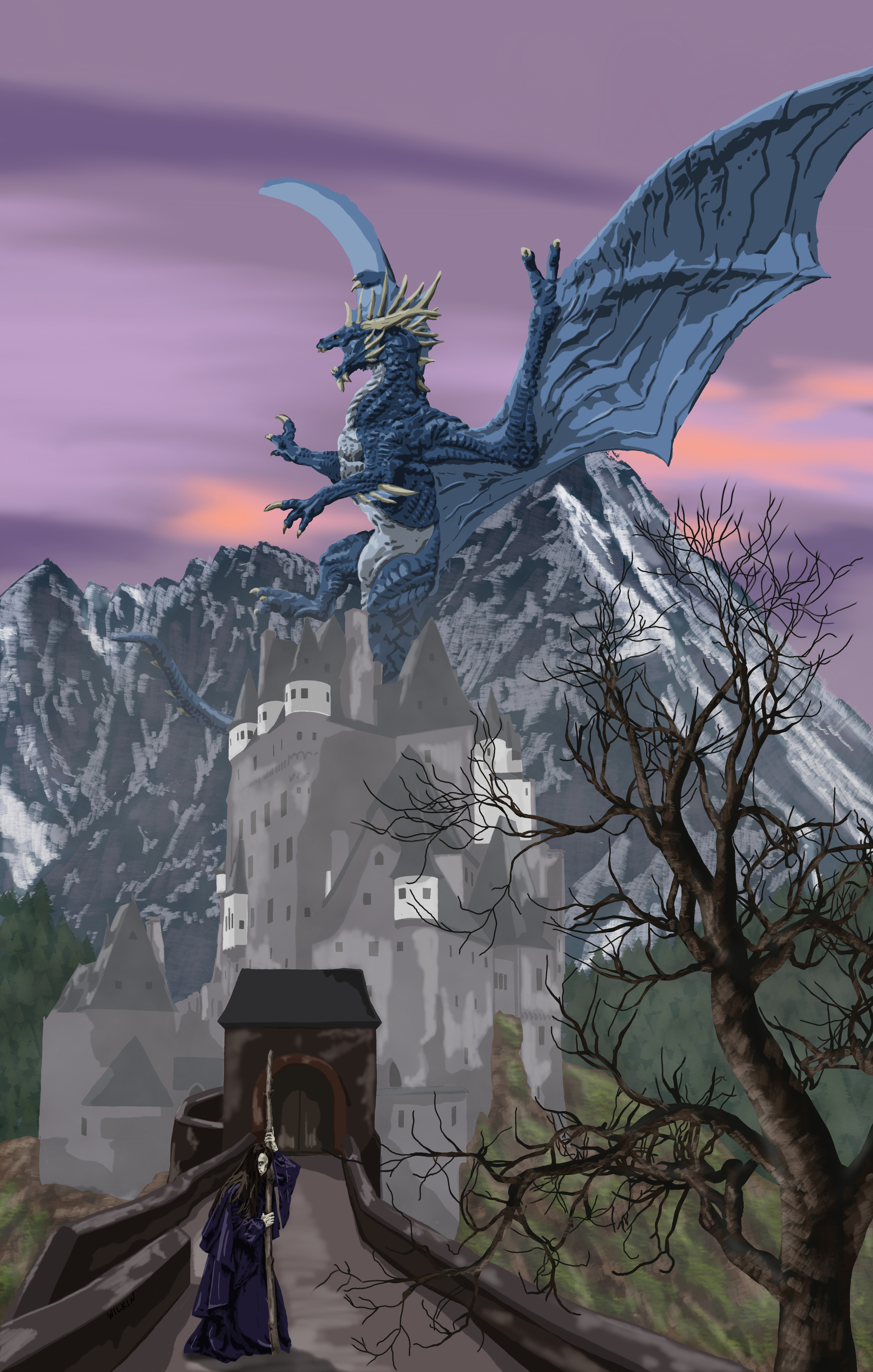 Dragon over wizard at sunset
