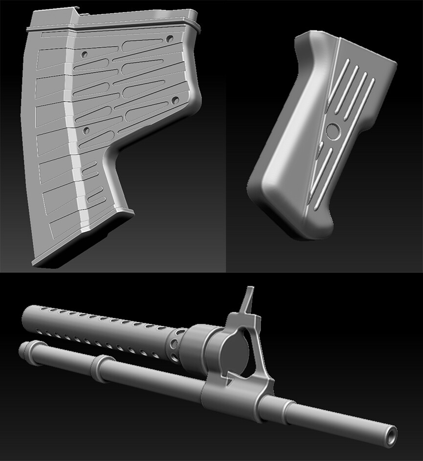 Some of the components during the high poly scult step of the process in Zbrush.