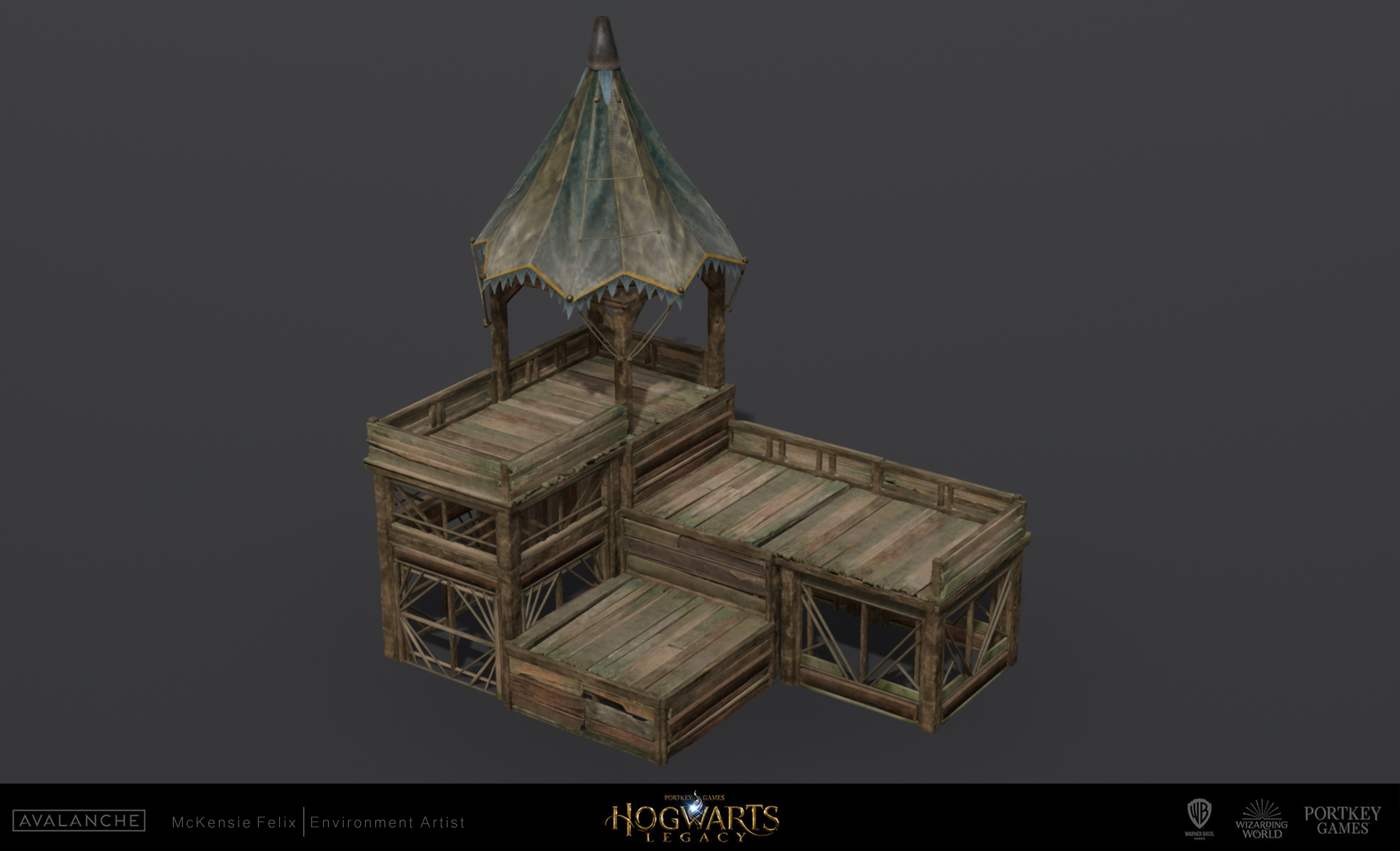 Worked with our level designers to create kit pieces for a blueprint to build wooden camp structures.
This is an example of how all of the pieces fit together for assembly. Tent on top made by outsourcing artists. Thief wood surfacing by Jeremy Wood.