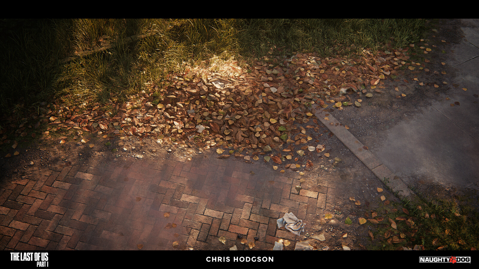 I created this tiling fallen leaves material for the Naughty Dog material library. I am only responsible for creating the source material, not the blending, shader creation, or propping in the screenshot.