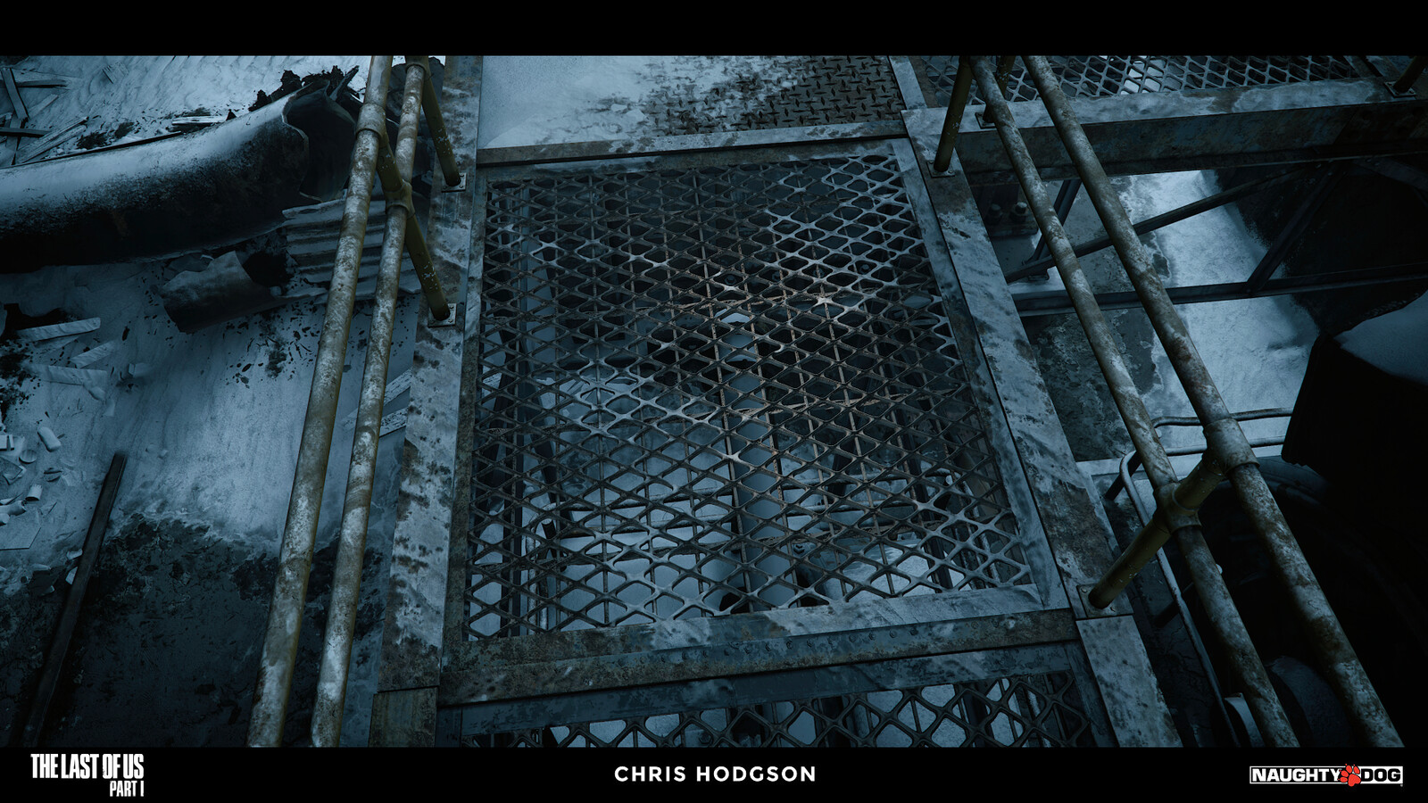 I created this mesh grate material for the Naughty Dog material library. I am only responsible for creating the source material, not the blending, shader creation, or propping in the screenshot.