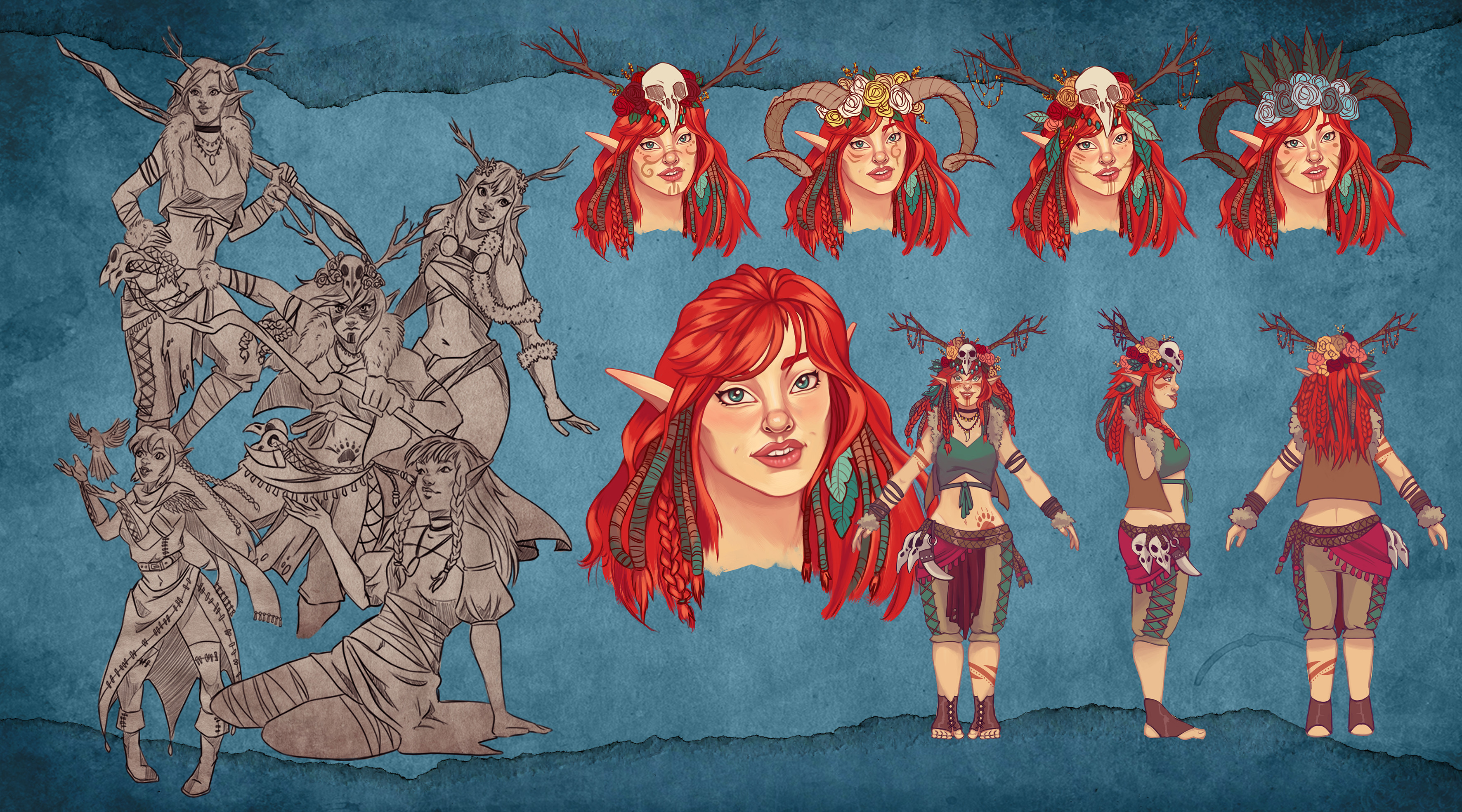 Development sketches, headdress designs, full character turnaround.