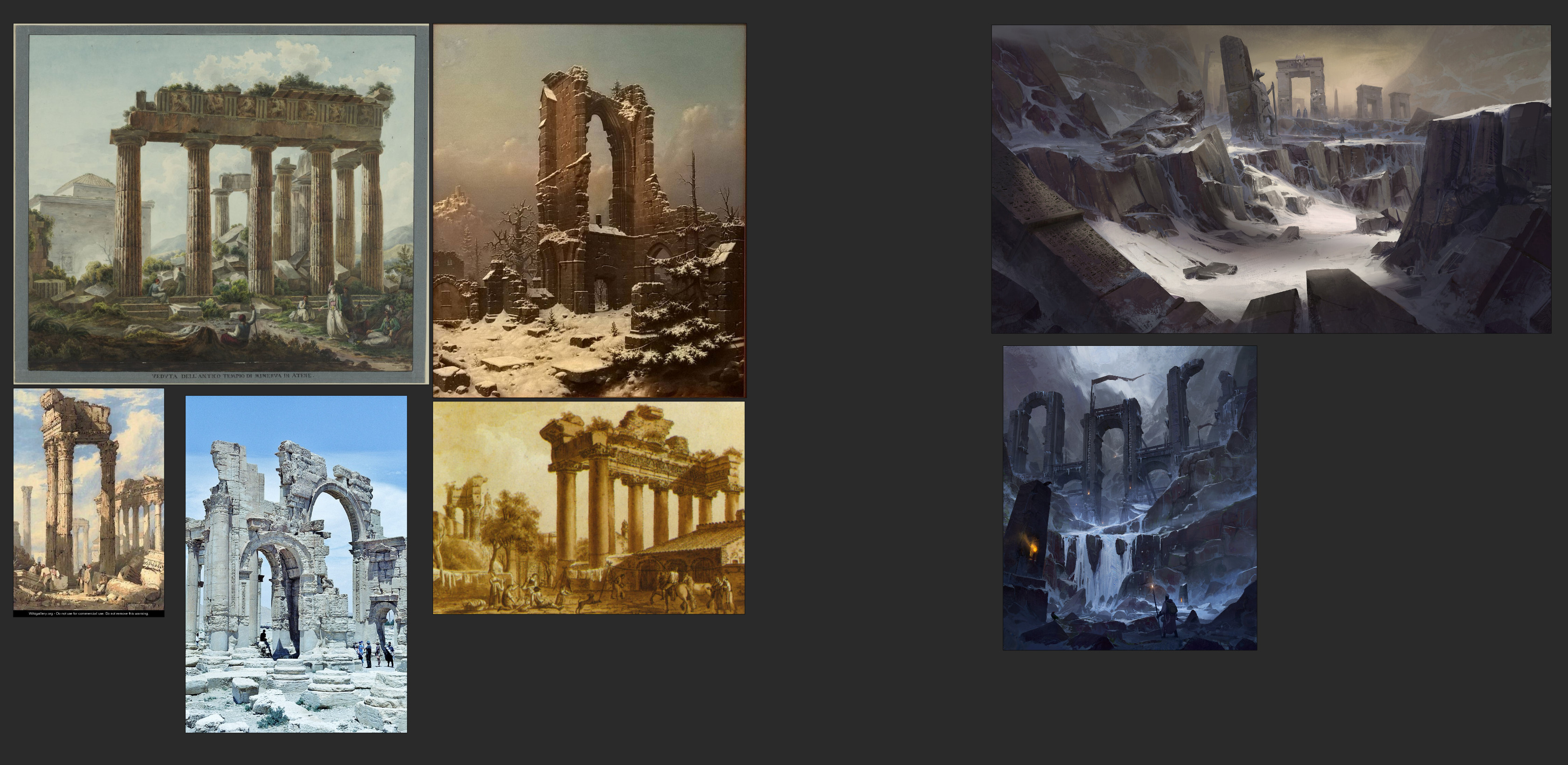 for this reference board, I tried to find concepts and painting that shows the man made columns and structure that can go well with the mountain composition.