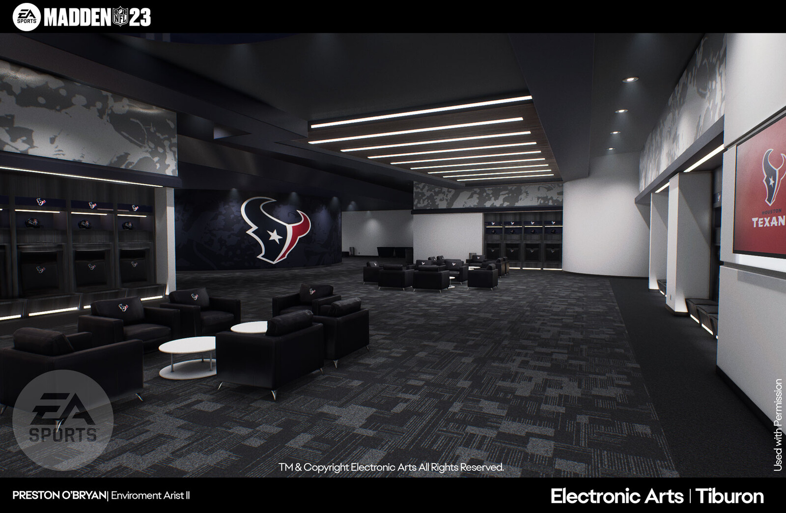 Locker room updated for Madden 23 and on to match modern day NFL locker room aesthetics. Used in our franchise/superstar edit player menus, as well as some of our cinematic sequences. Logo's/team colors are setup to swap based on players input of team.