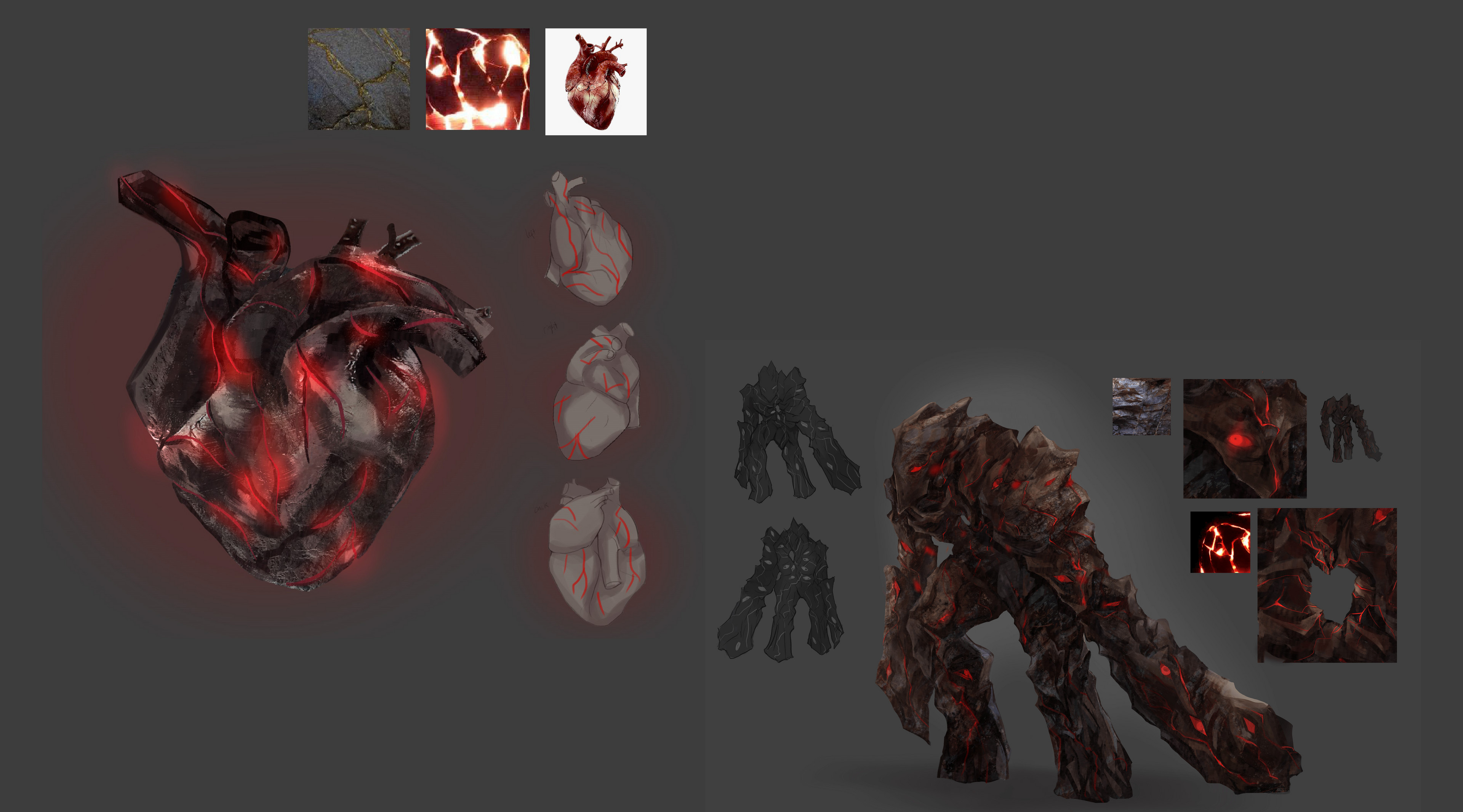 Concept art, created by Jamie and Yun, for the Rock Heart itself as well as the Rock Golem. The texturing needed to be cohesive between the two.