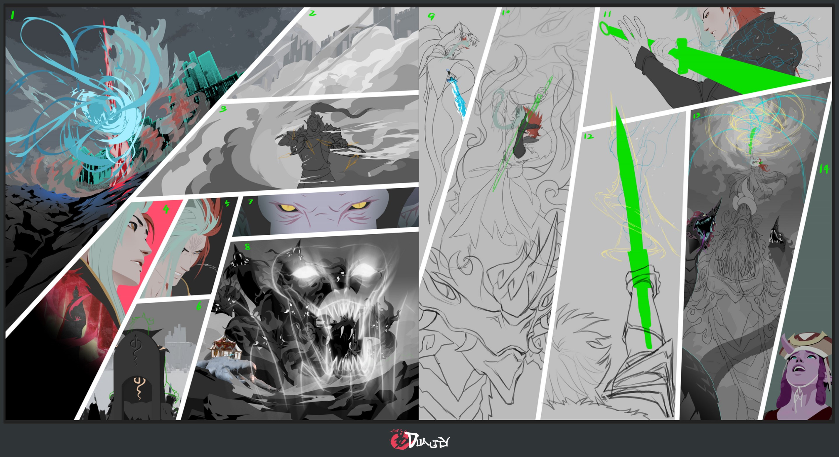 Page D Rough line art cleanup pass &amp; comp in 3D renders