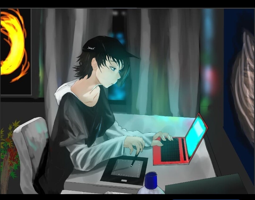 anime boy on computer