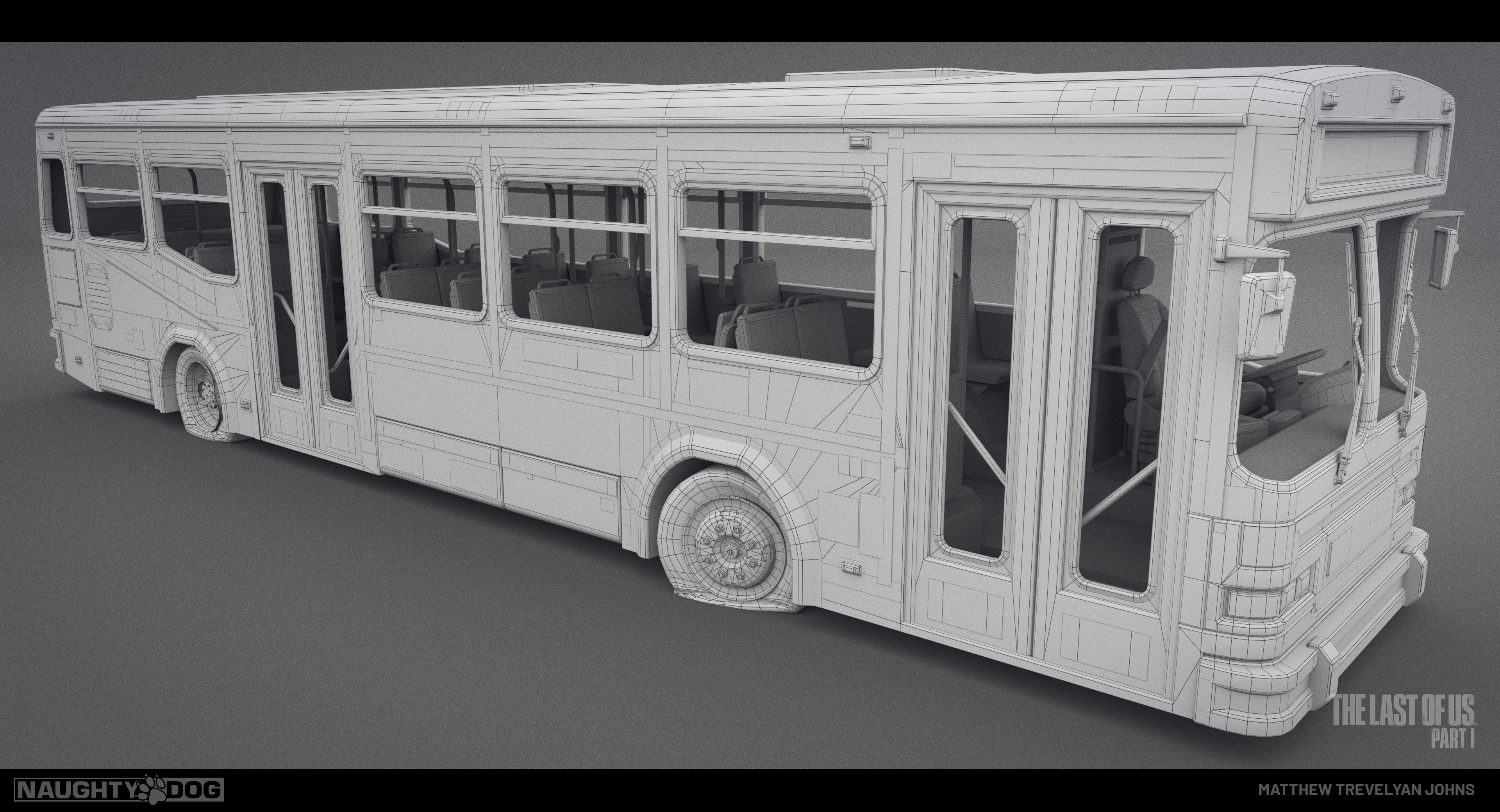 Here's a wireframe render of the bus exterior, I actually modelled an early version of this for The Last of Us: Part II years ago and it was the very first test vehicle that I used to demonstrate the face-weighted normals + decals + wear-mask approach