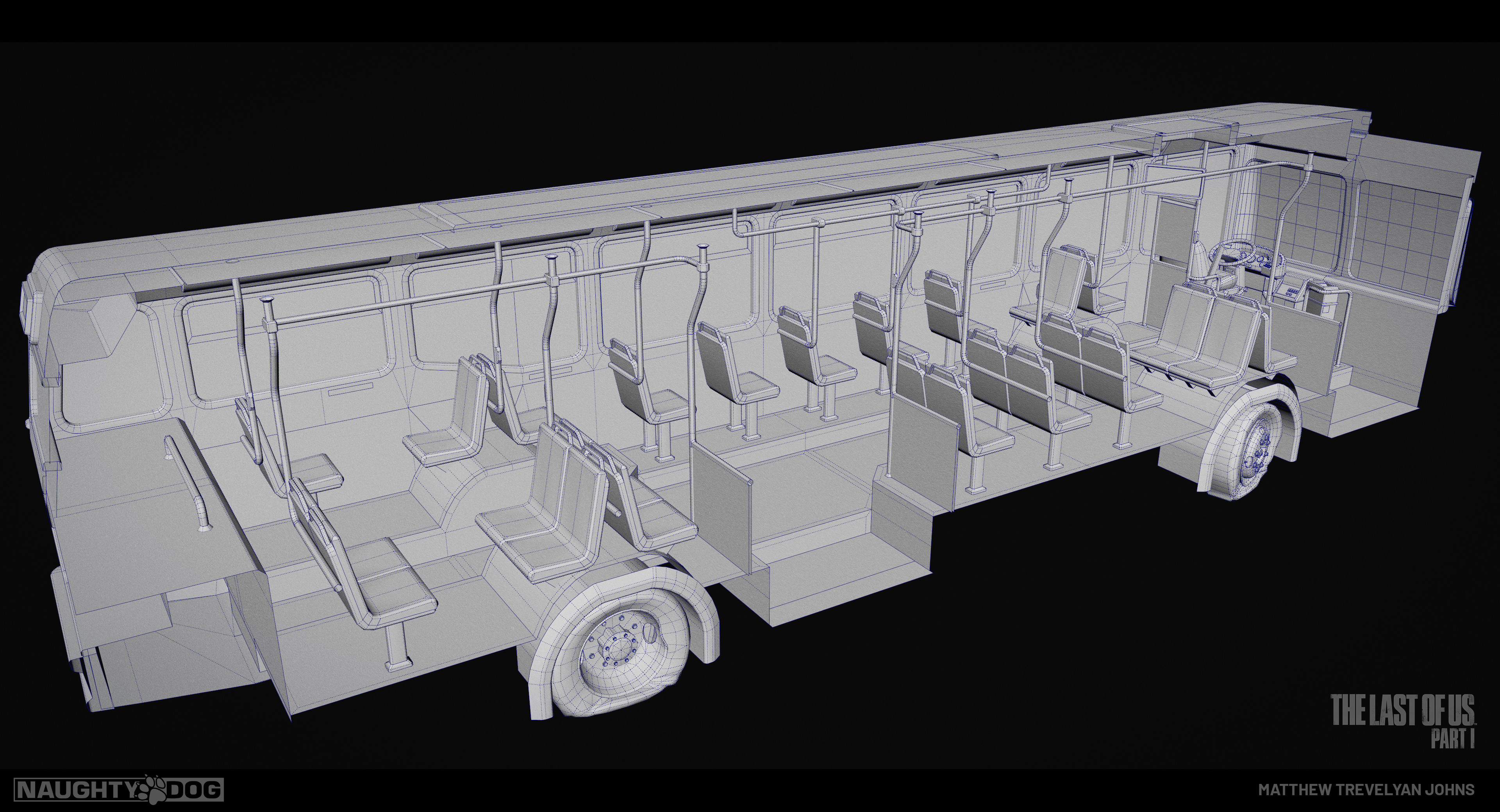 It's a fairly low poly model as you can see, for the final version Alex added some great details, like animating cloth and destructible hand rails
