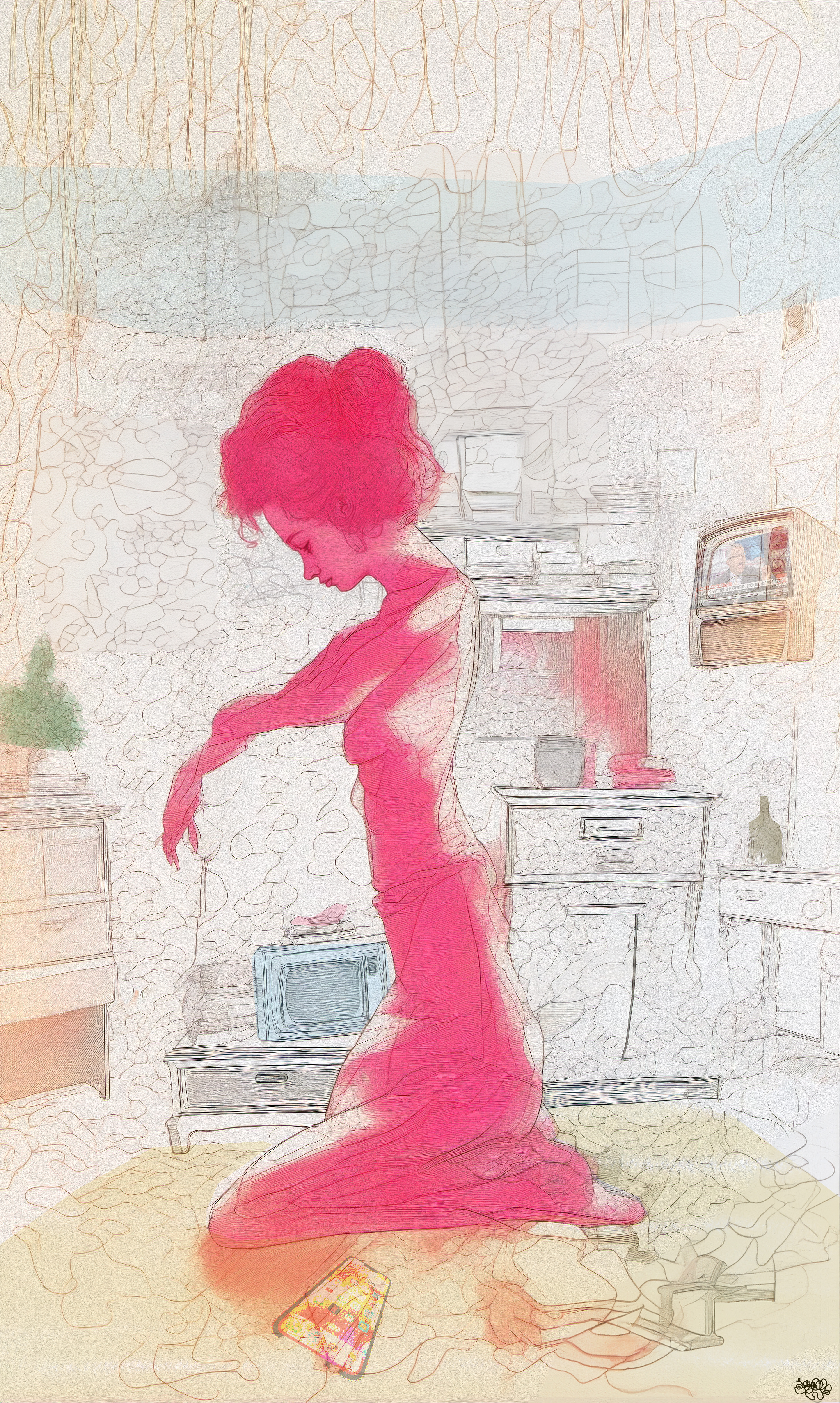 Picking up the pieces: Noise sketched, and rendered in stable diffusion. The initial noise sketch really only had the red color, so I colored over the rest of it in photoshop.