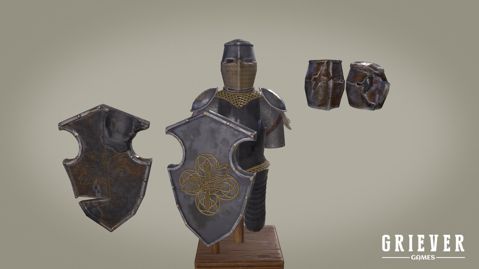 To save time and keep assets cohesive, I used my damaged shield and helmet props to create undamaged versions for this display