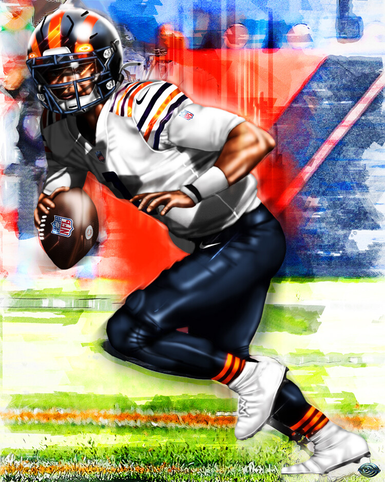 Justin Fields Chicago Bears Watercolor Strokes Pixel Art 1 Fleece