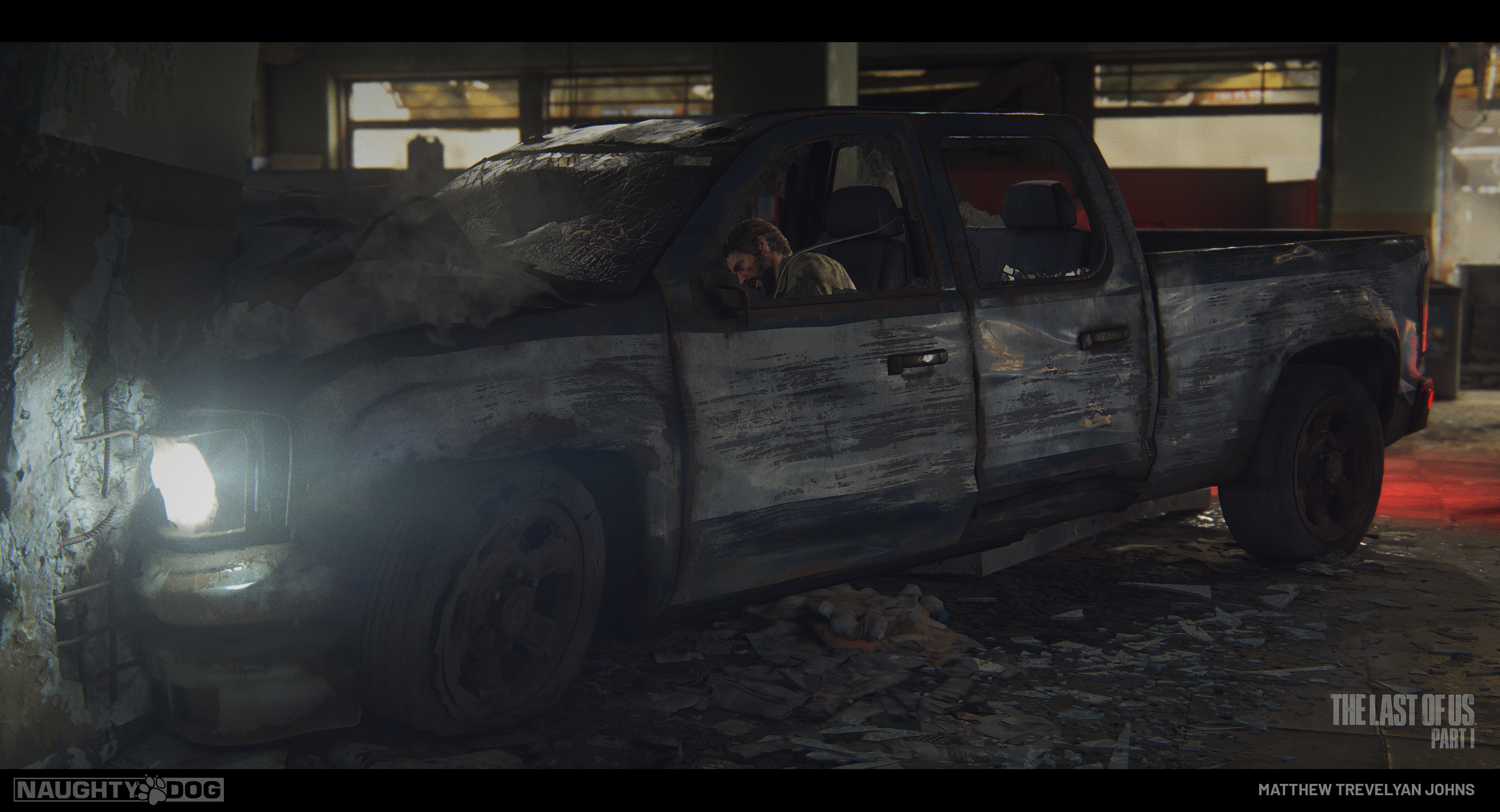 The damage and metal warping here on the side of the vehicle was mostly achieved using a very strong normal map I created and then aligned in real-time to try to pick up the best angle from the cubemaps in the scene