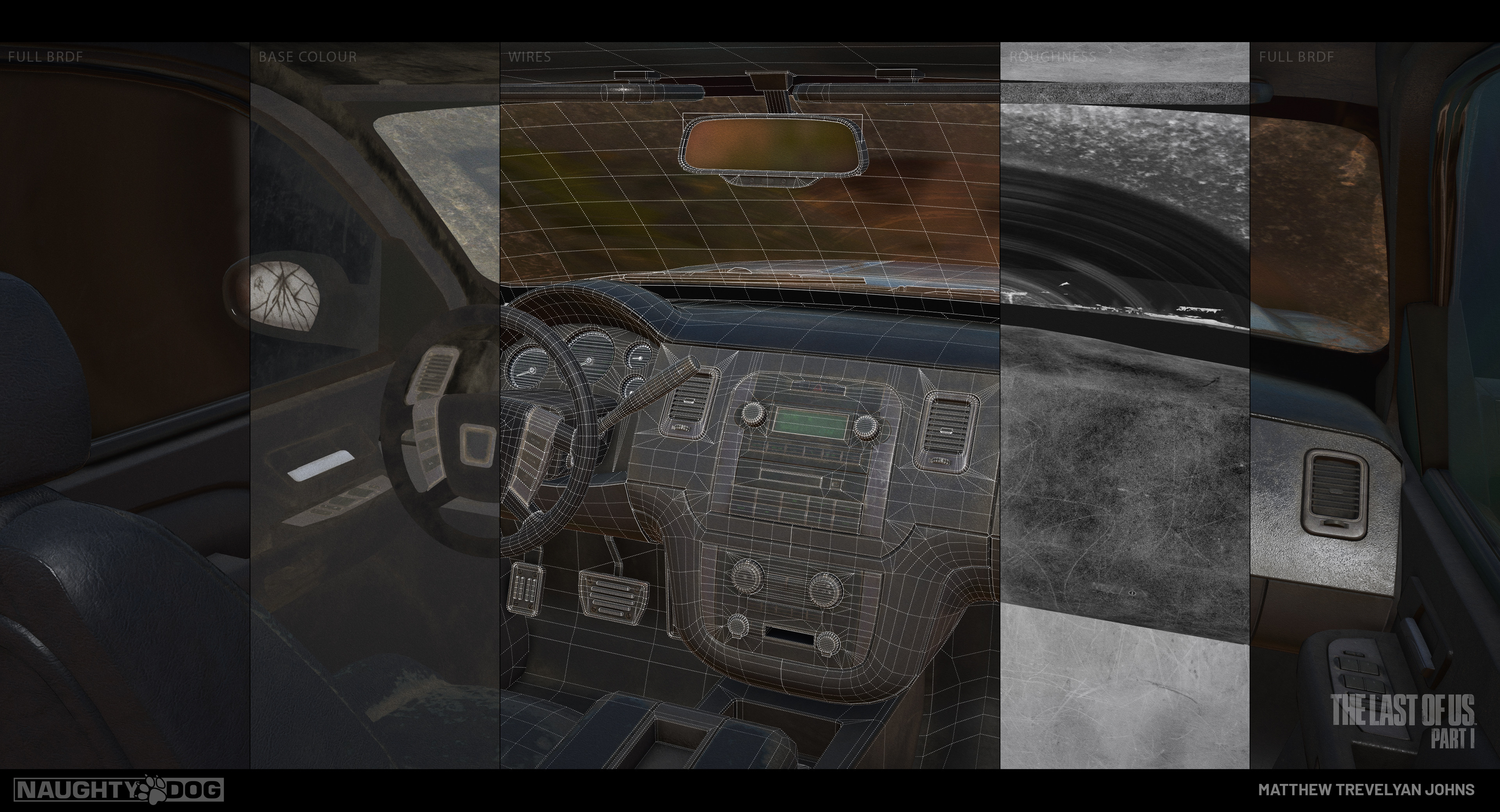 Here's a quick look at a breakdown of the interior. Examining the textures and the wireframe, hopefully it demonstrates the extra level of detail that I hoped to achieve with these cutscene vehicle interiors