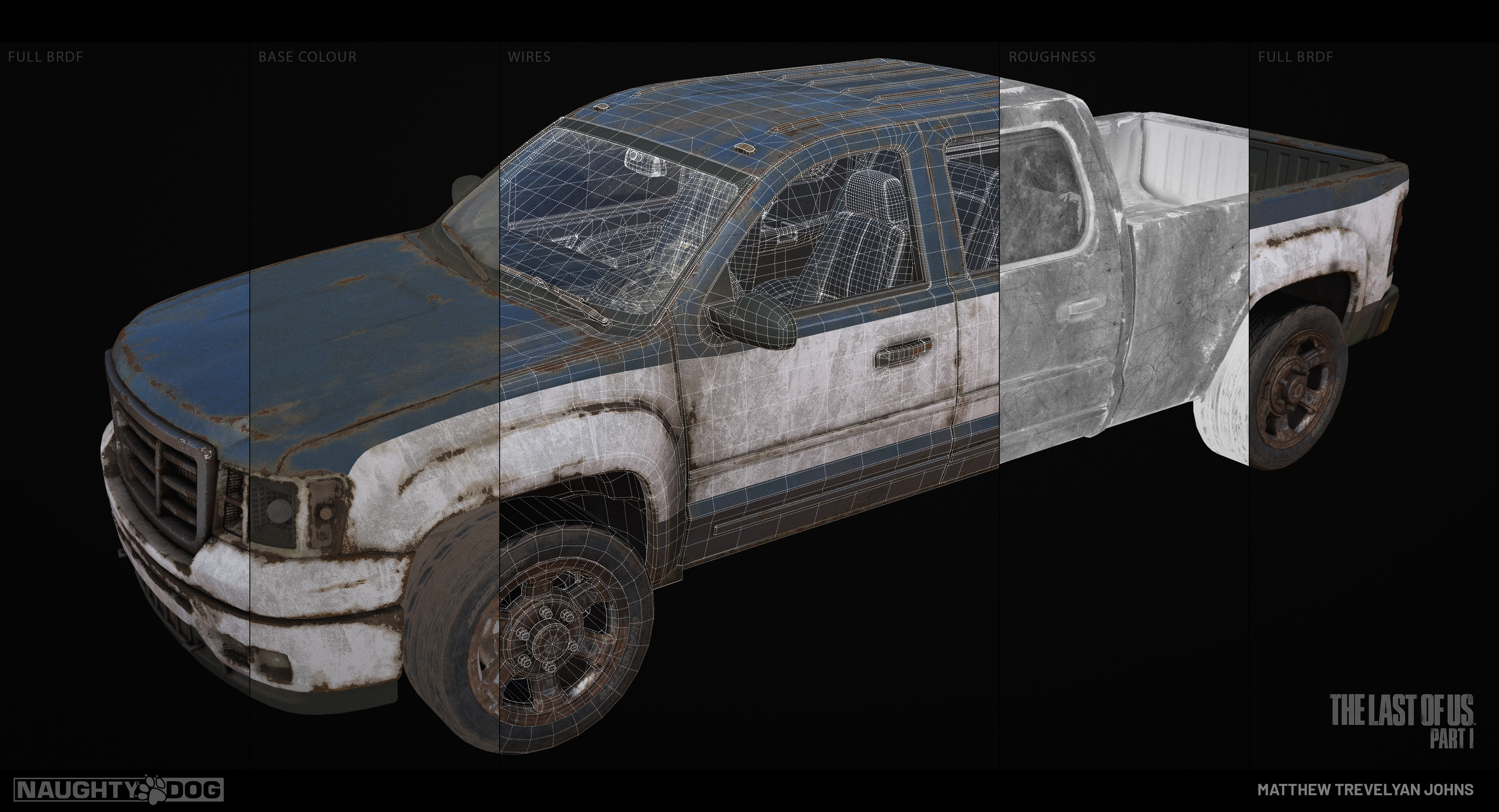 The exterior used tiles, bake-kits and a new vehicle clear-coat shader setup. I also worked with technical Artists Alex Rivera and Charlotte Francis who added an AO bake and highly detailed, smeared window textures respectively to complete the look