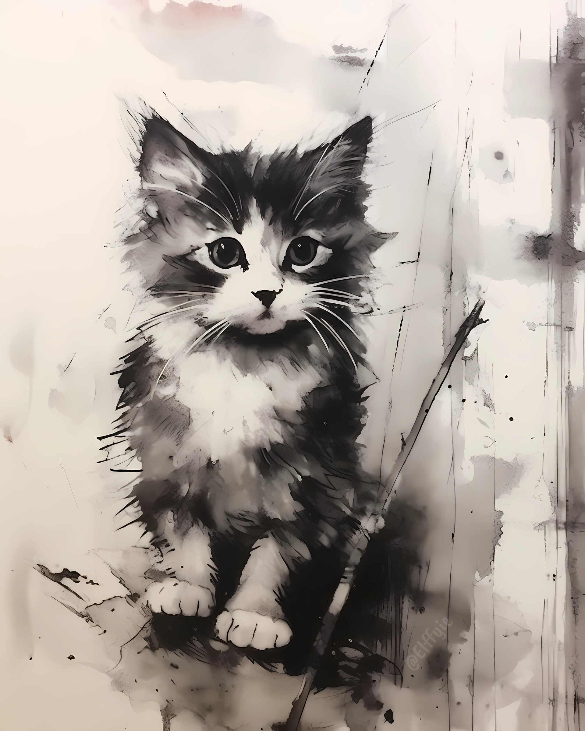 Cat 1. Fluffy Kitten. Black And White Watercolor Painting Stock