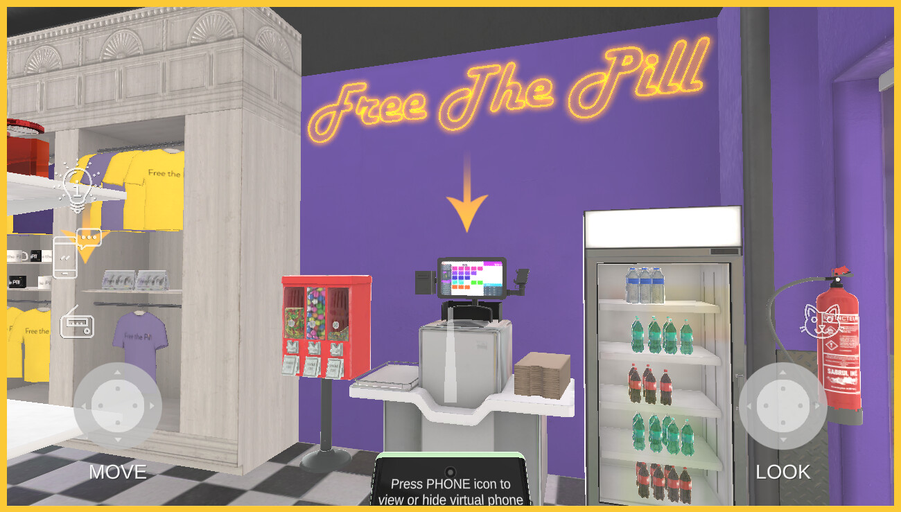 Free the Pill neon signage, interactive checkout