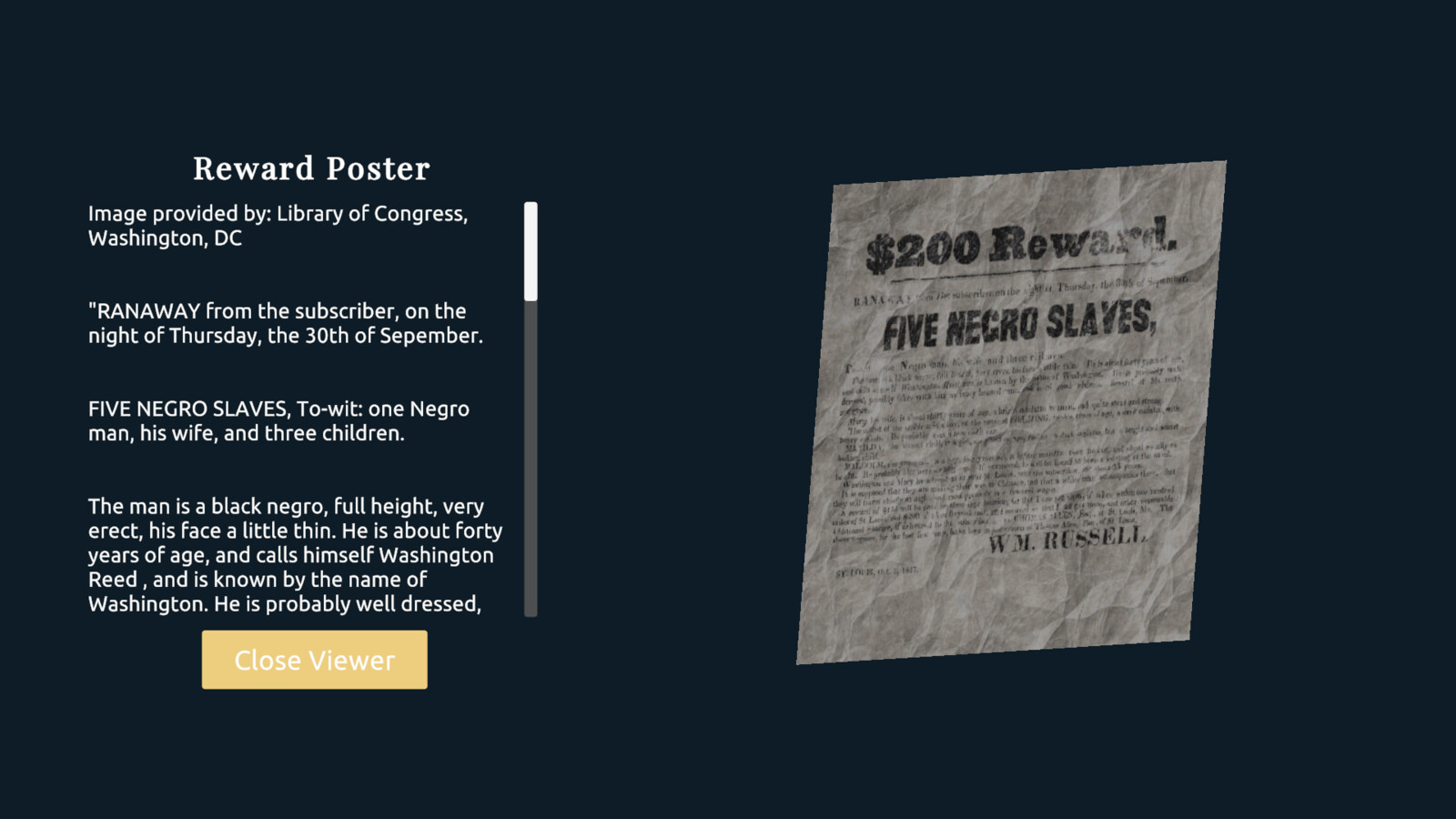 Reward poster -  Library of Congress file featured in item viewer developed for WebGL by Adjective Beaver https://www.artstation.com/adjectivebeaver8