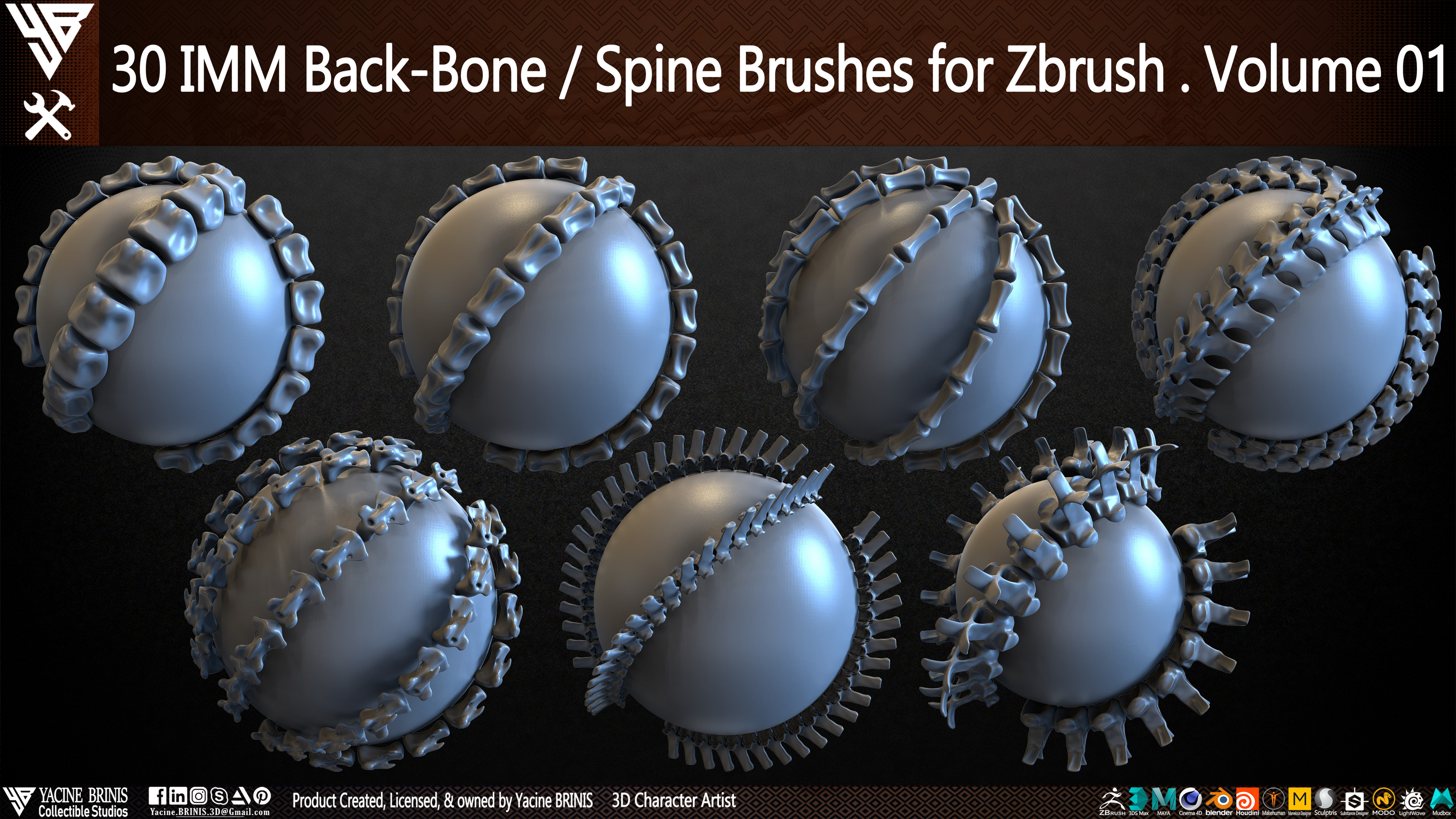 30 IMM Back-Bone - Spine Brushes for Zbrush Volume 01 Sculpted by Yacine BRINIS Set 001