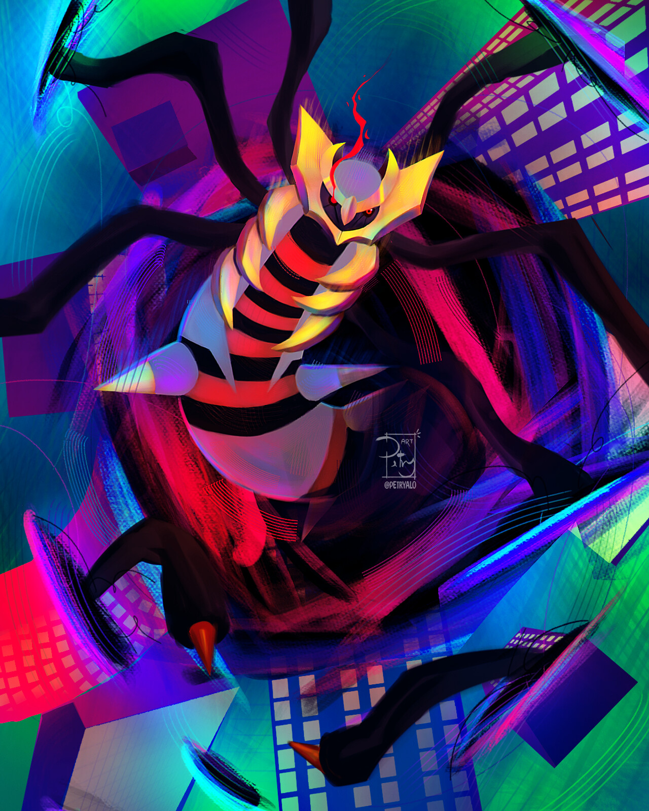 A drawing of Giratina that I did roughly two to three weeks ago, but edited  a few days ago to add a purple background to represent the Distortion world  (Original content) 