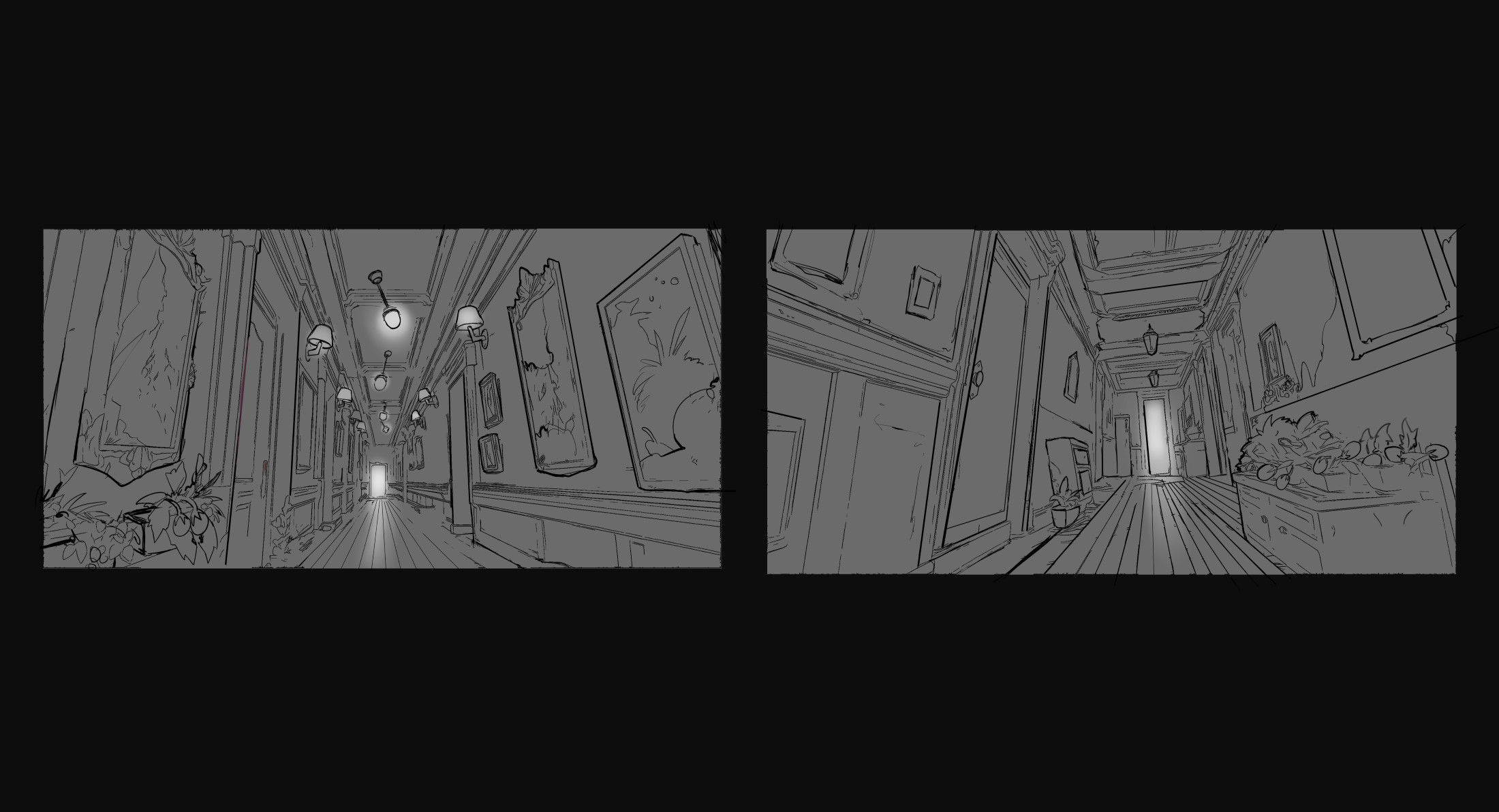 Composition sketches for the Distorted dream hallway