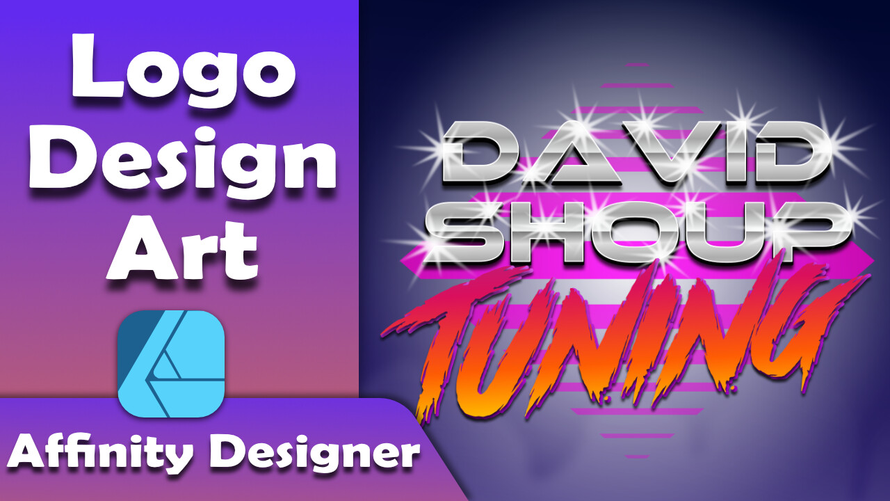 Thumbnail design for YouTube video, of 80s Synth Car Tuning Logo, done in Affinity Designer.
