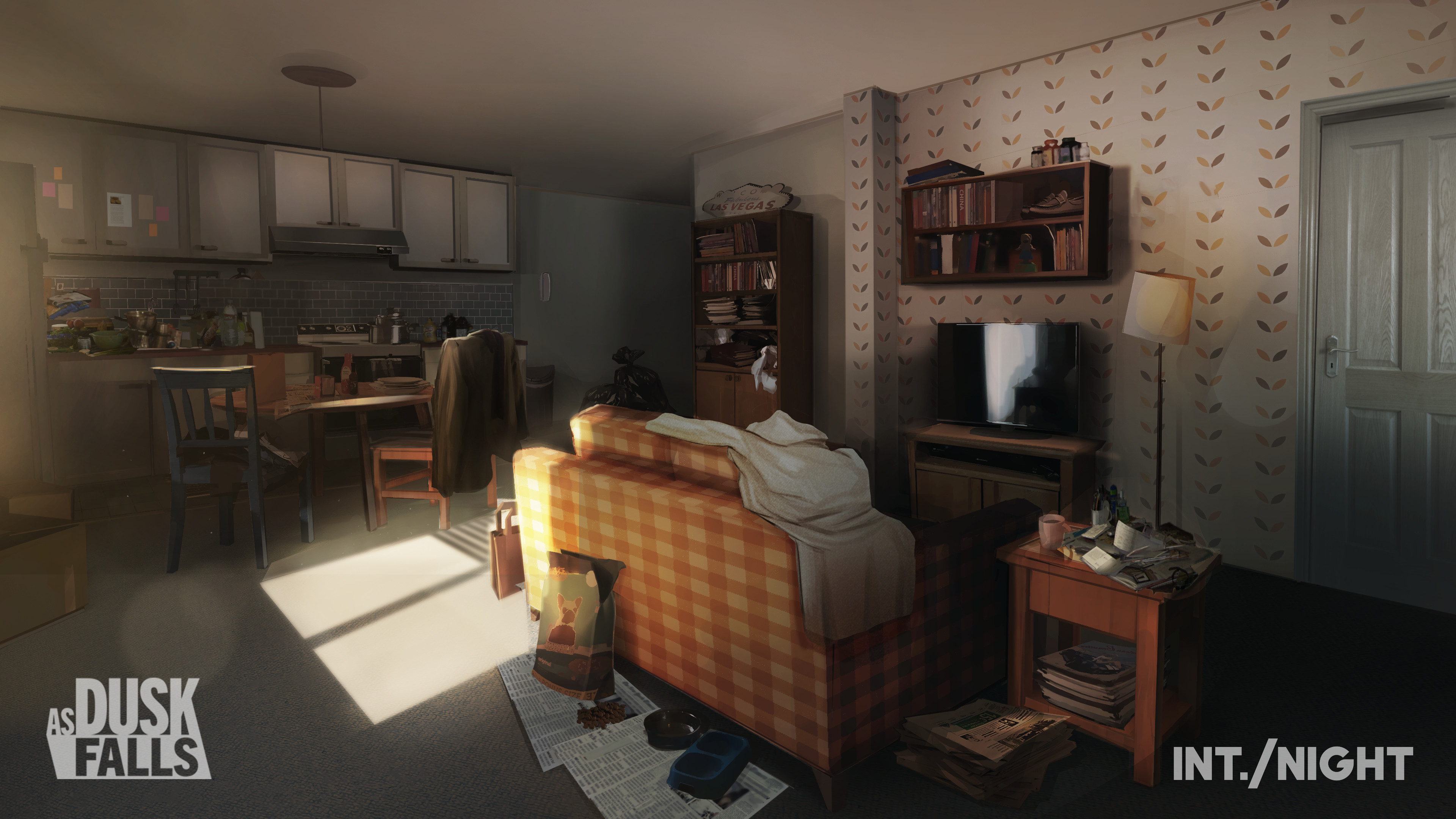 Jim's apartment, living room and kitchen. Jim is an elderly man living alone with his dog.