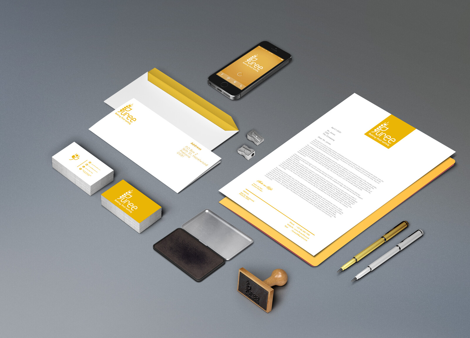 A mockup of the stationary and brand elements. 