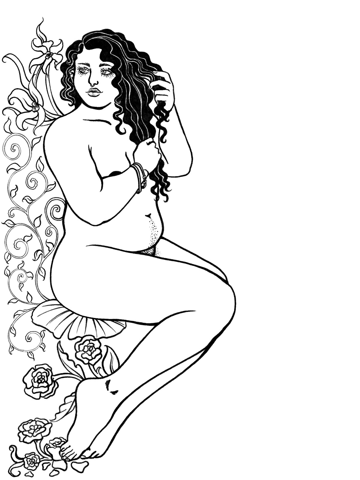 A nymph sits on a lily pad surrounded by vines and roses, playing with her dark curly hair