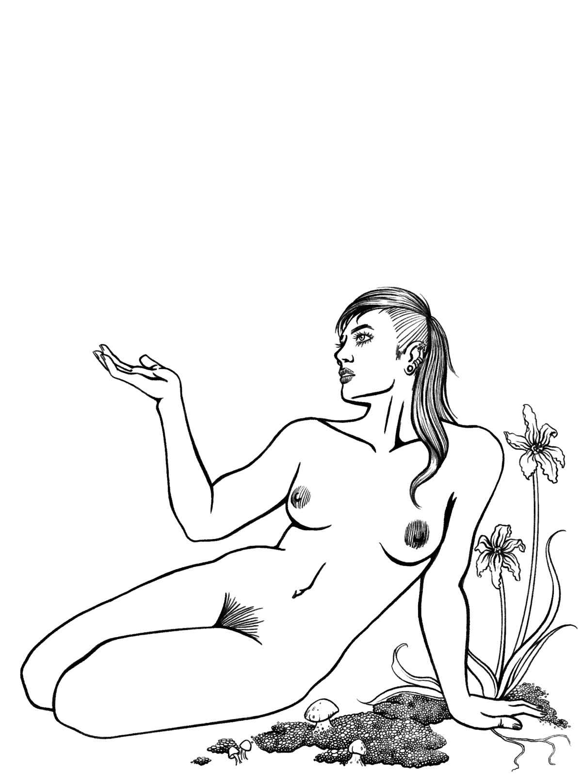 A nymph with a half-shaved head sits reclined beside a patch of moss and irises