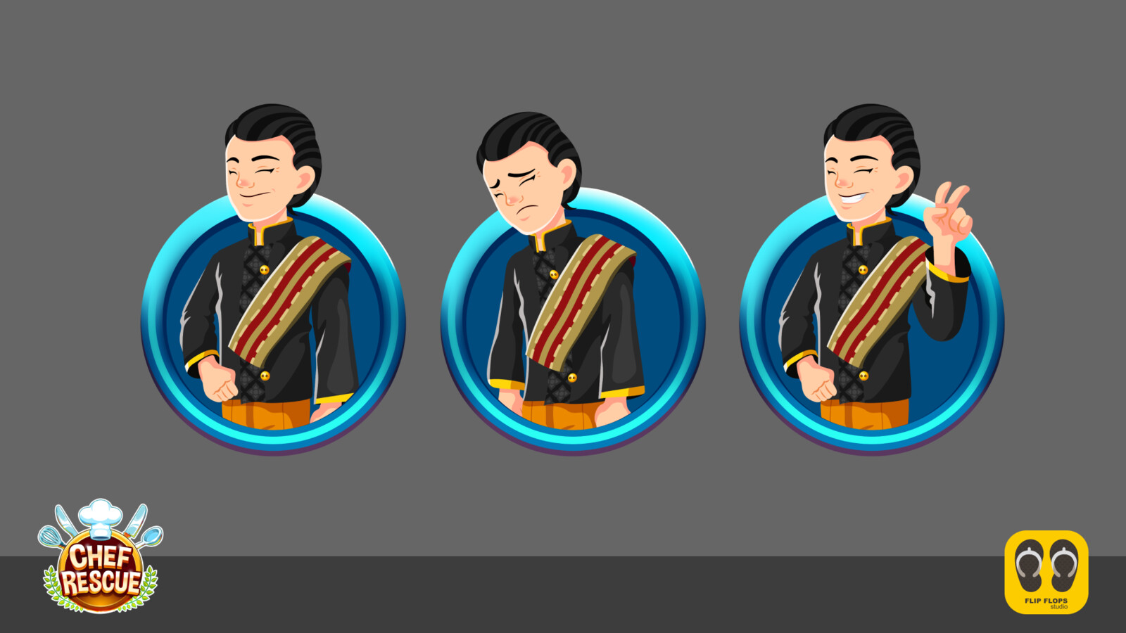 Final artwork of the chef in 3 positions for animation.