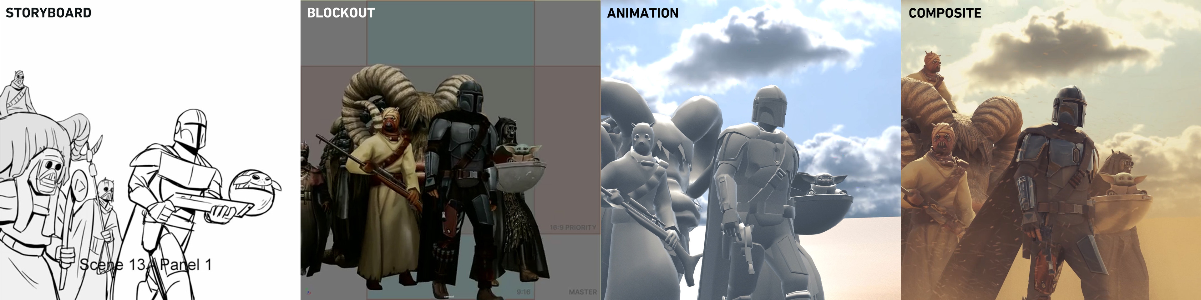 Progression of the 2nd Mandalorian shot. Except for the storyboard, this was handled completely by Francois Puren, who did an amazing job. 