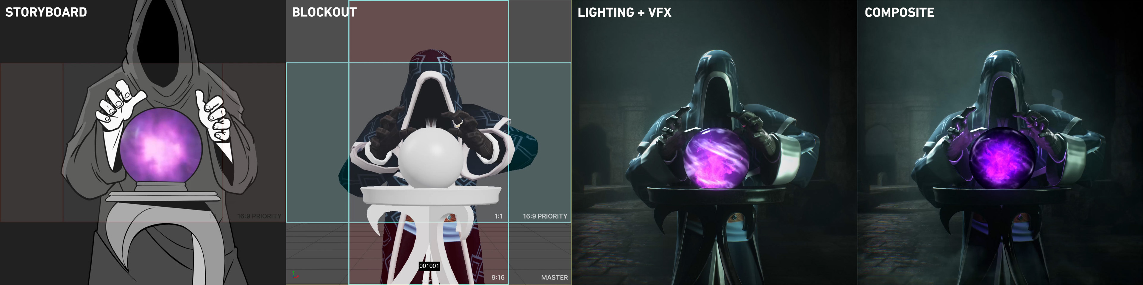 Shot progression for the first shot, highlighting the mysterious antagonist of the game. 
