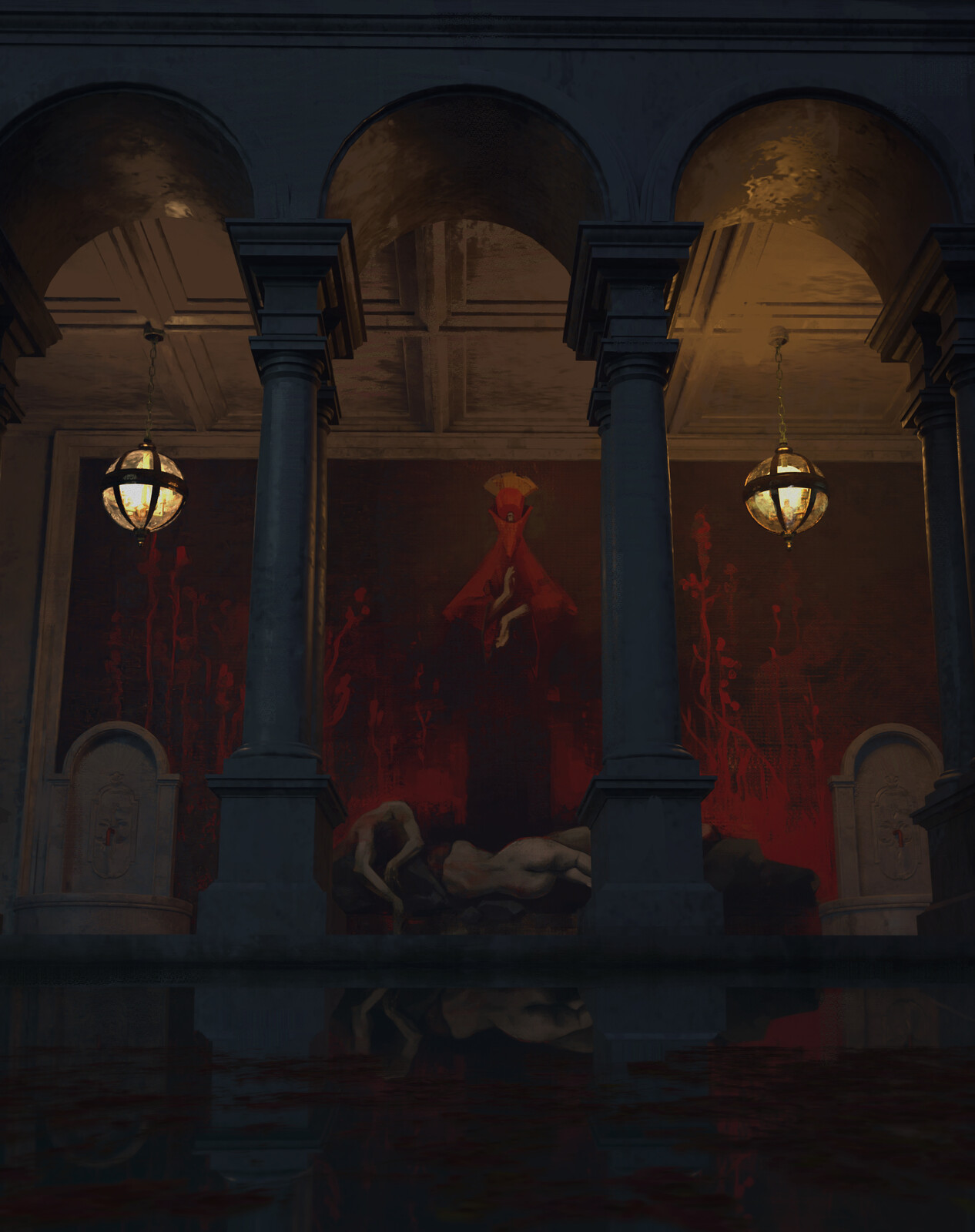 The mural of The Red Lady and those who fell asleep. On each side, there is a fountain connected to the main pond.