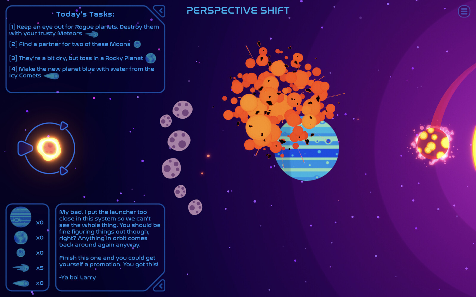 Task manager and associated UI looks after different player challenges, including available resources, and the narrative elements