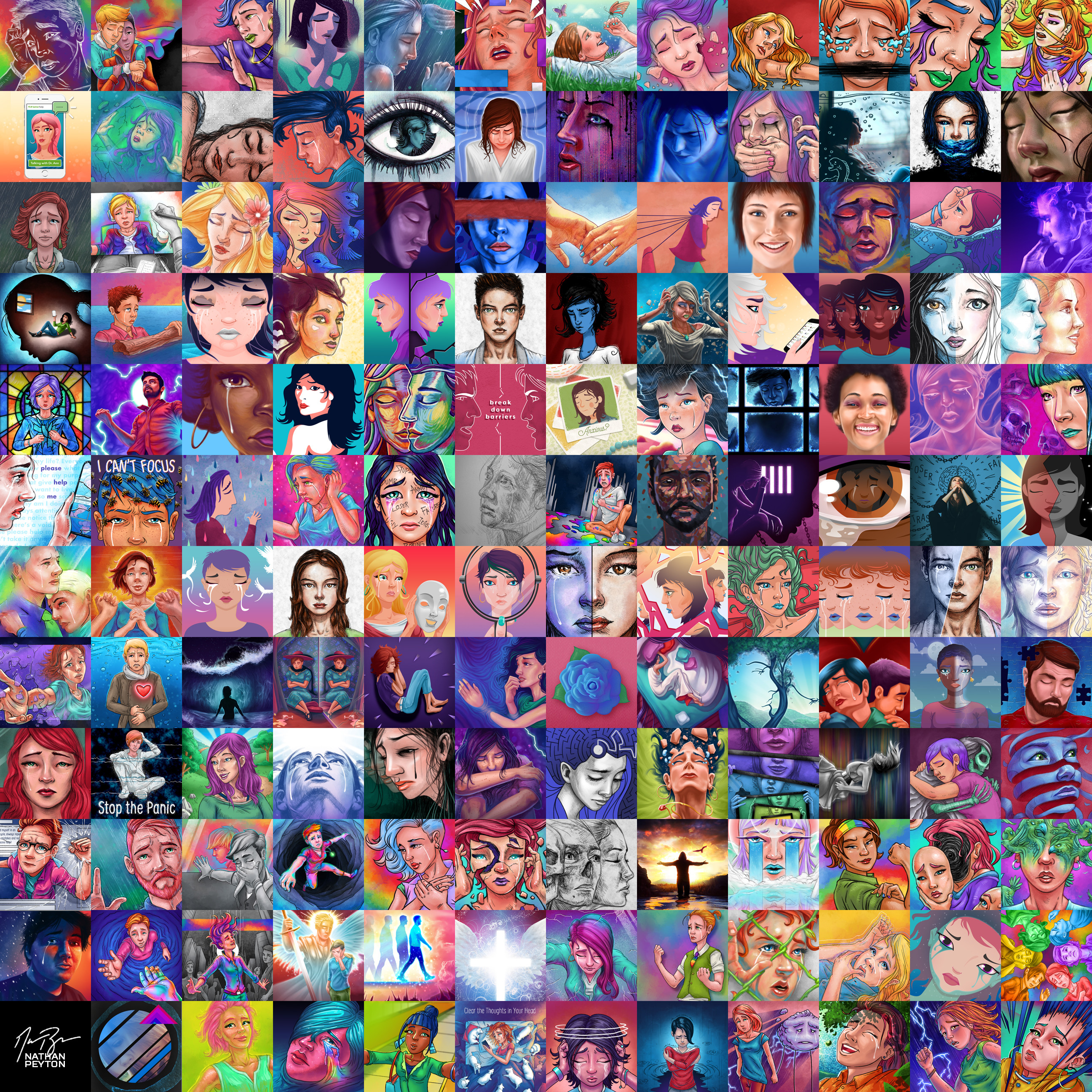 Collage of various BetterHelp illustrations. 300+ total across various campaigns. 