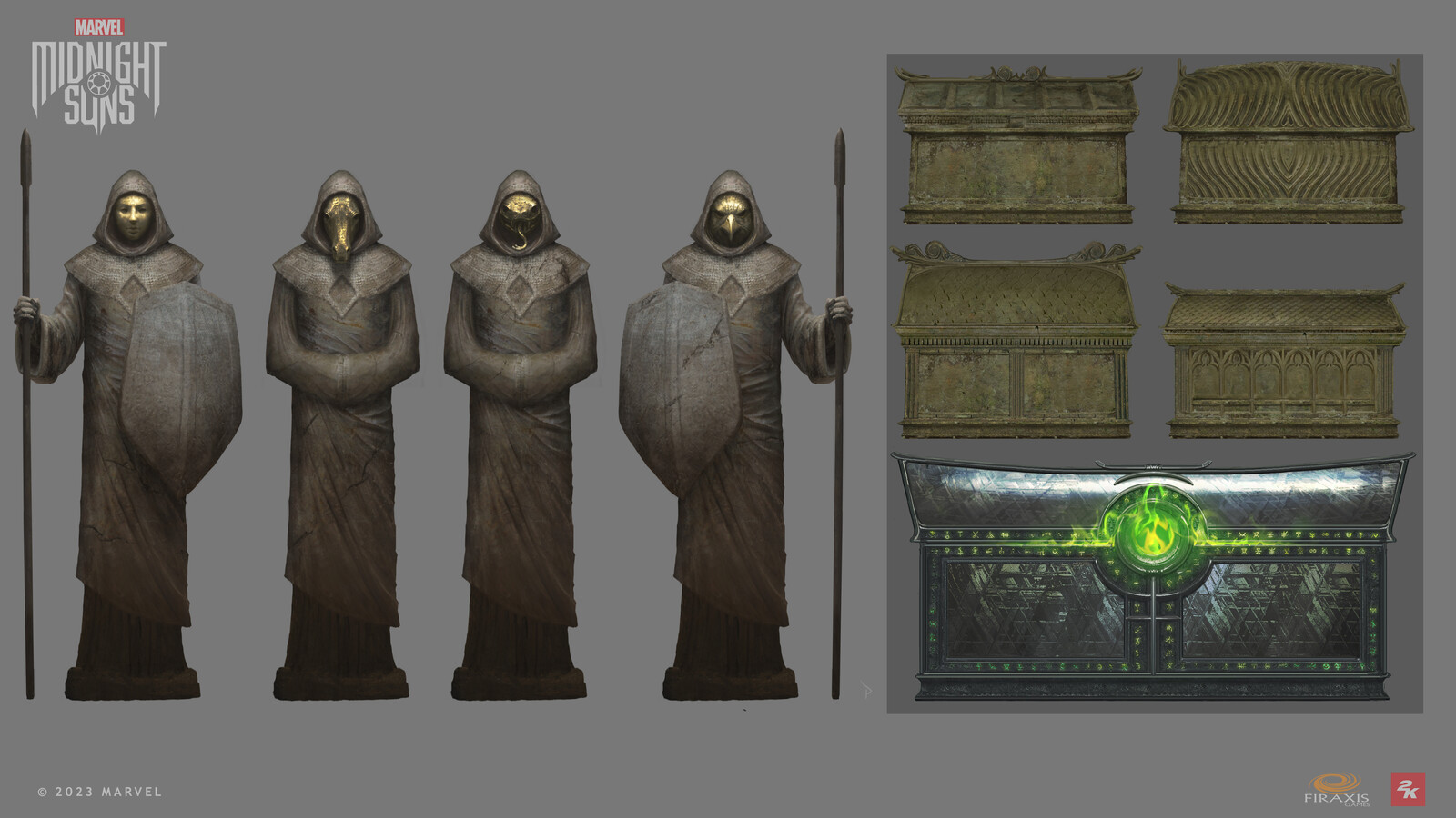 Statues depicting ancient powers, and some ideas for sarcophagi.
