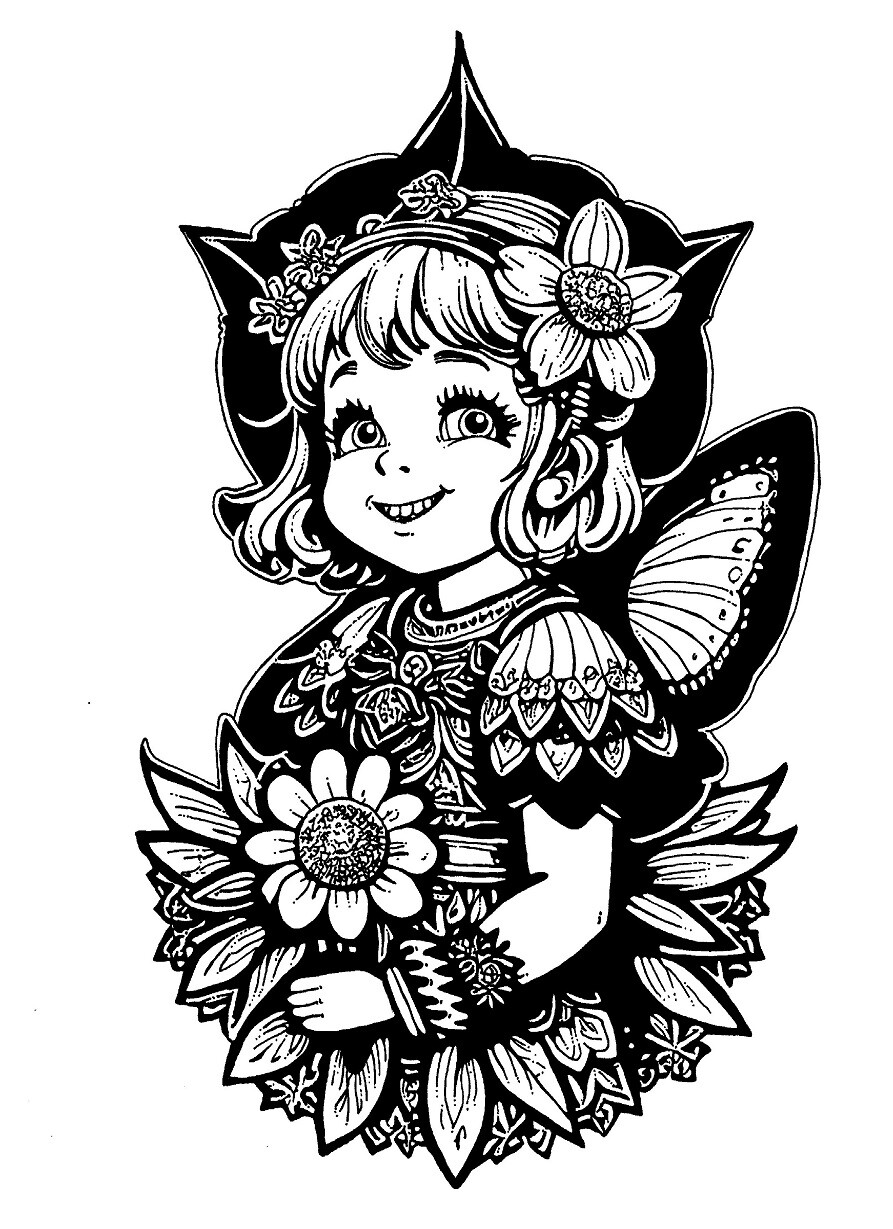 A4, analog ink.
Second concept sketch of my new flower fairy series