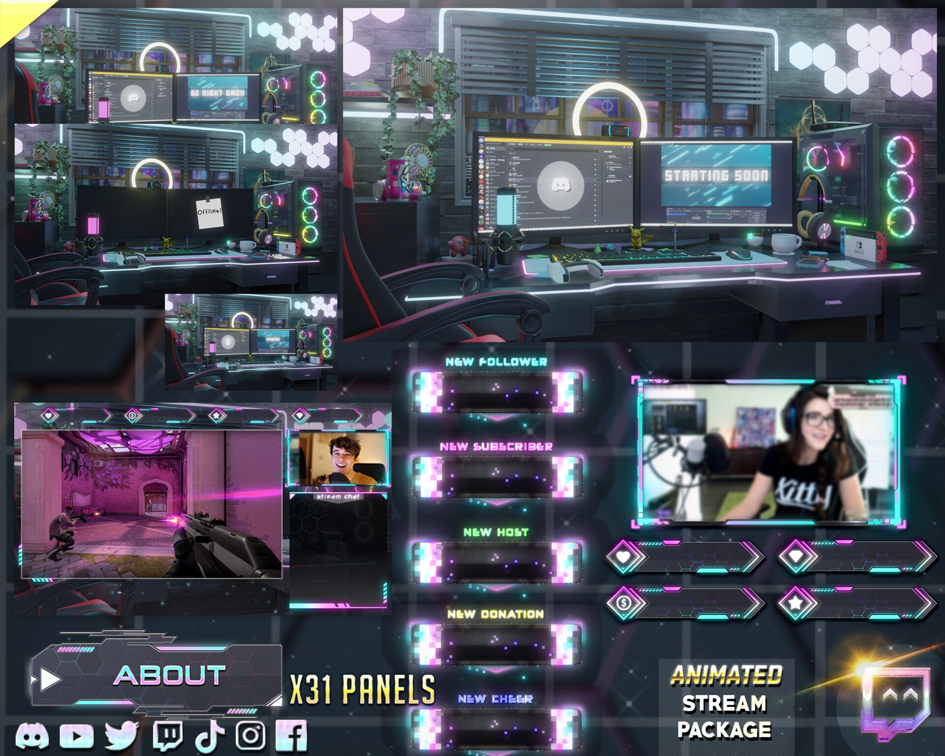 Animated Stream Overlay Pack / Neon Futuristic Style / Twitch 