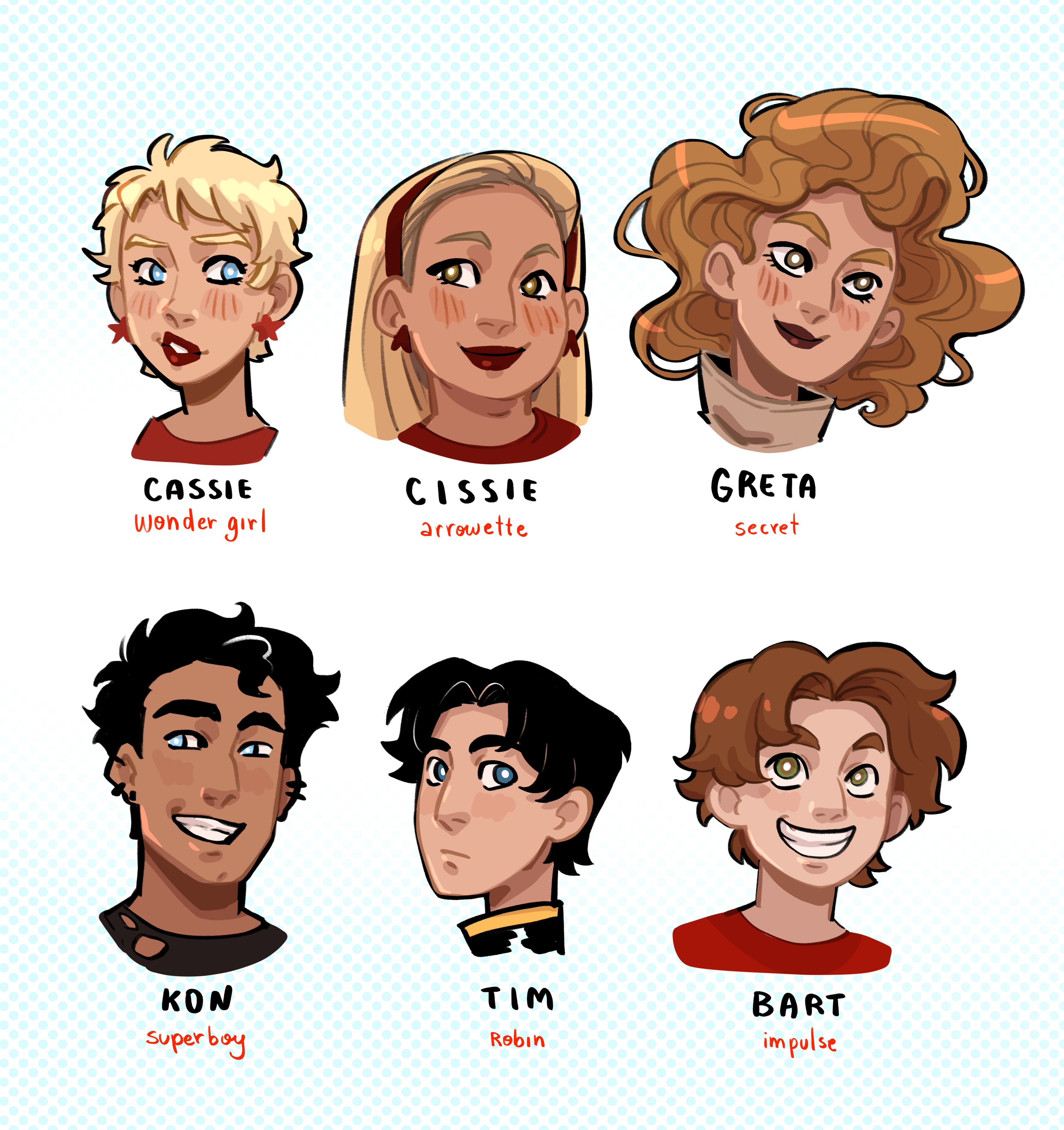 I like to start my character designs with the character's face, so this was a test to see how Greta and Cissie worked with the others.