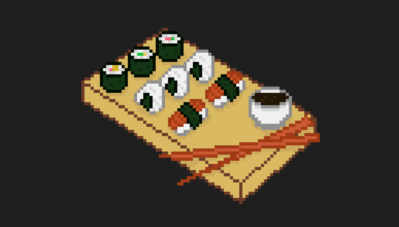 Pixel art comida japonesa sushi em uma tábua de madeira item de