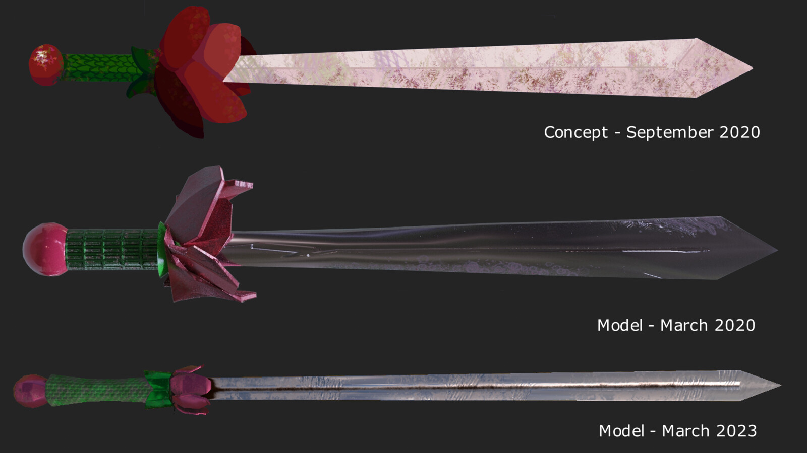 Progress shot of development on the sword from the initial concept art in 2020, to the original model in 2021, to the remodel in 2023.
