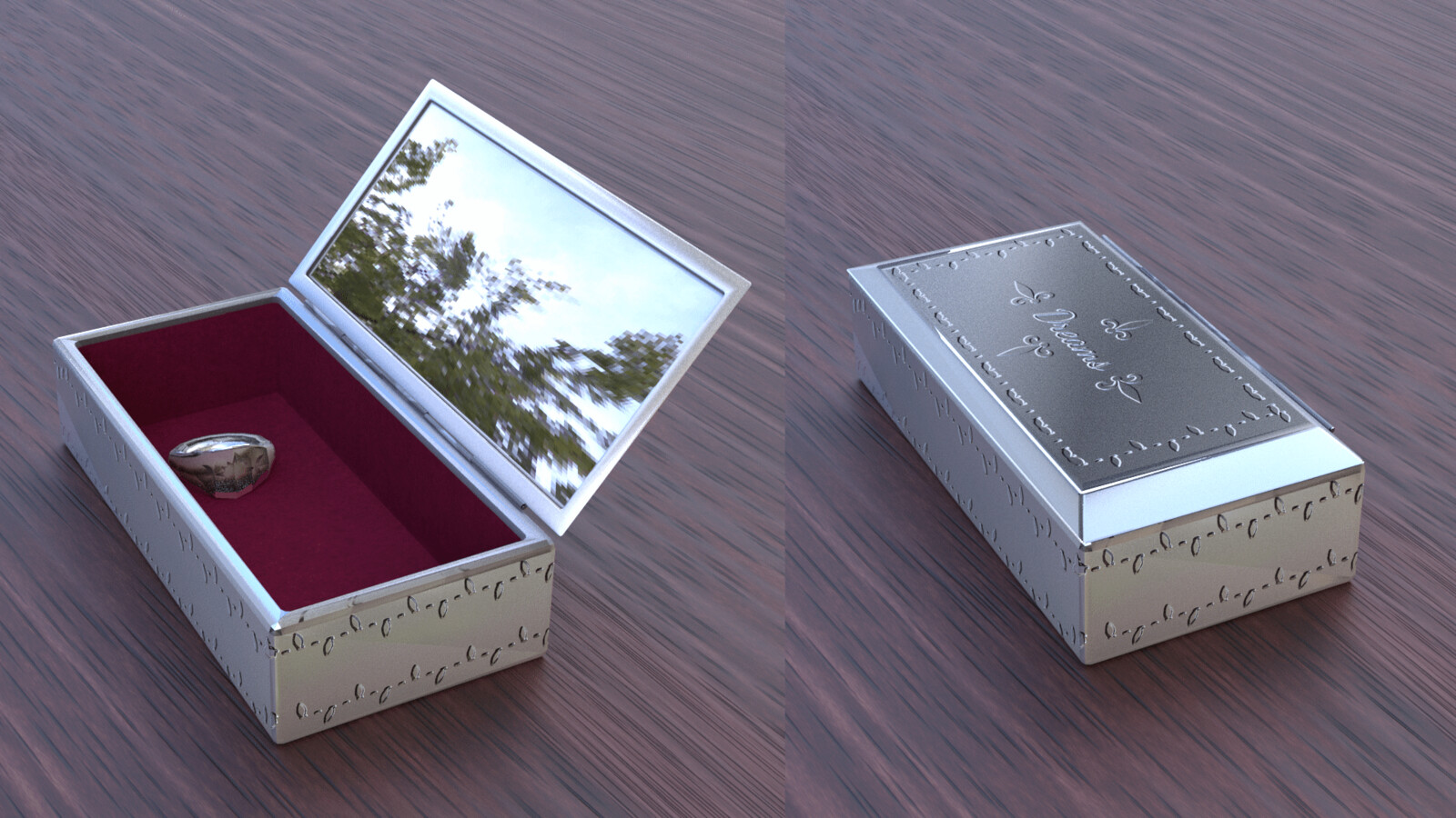 Two shots of a silver box. The first is opened to reveal a mirror on the inner lid, a velvet lining, and a silver signet ring. The second shot is of the same box closed, revealing the word "Dreams" etched into the outer lid.