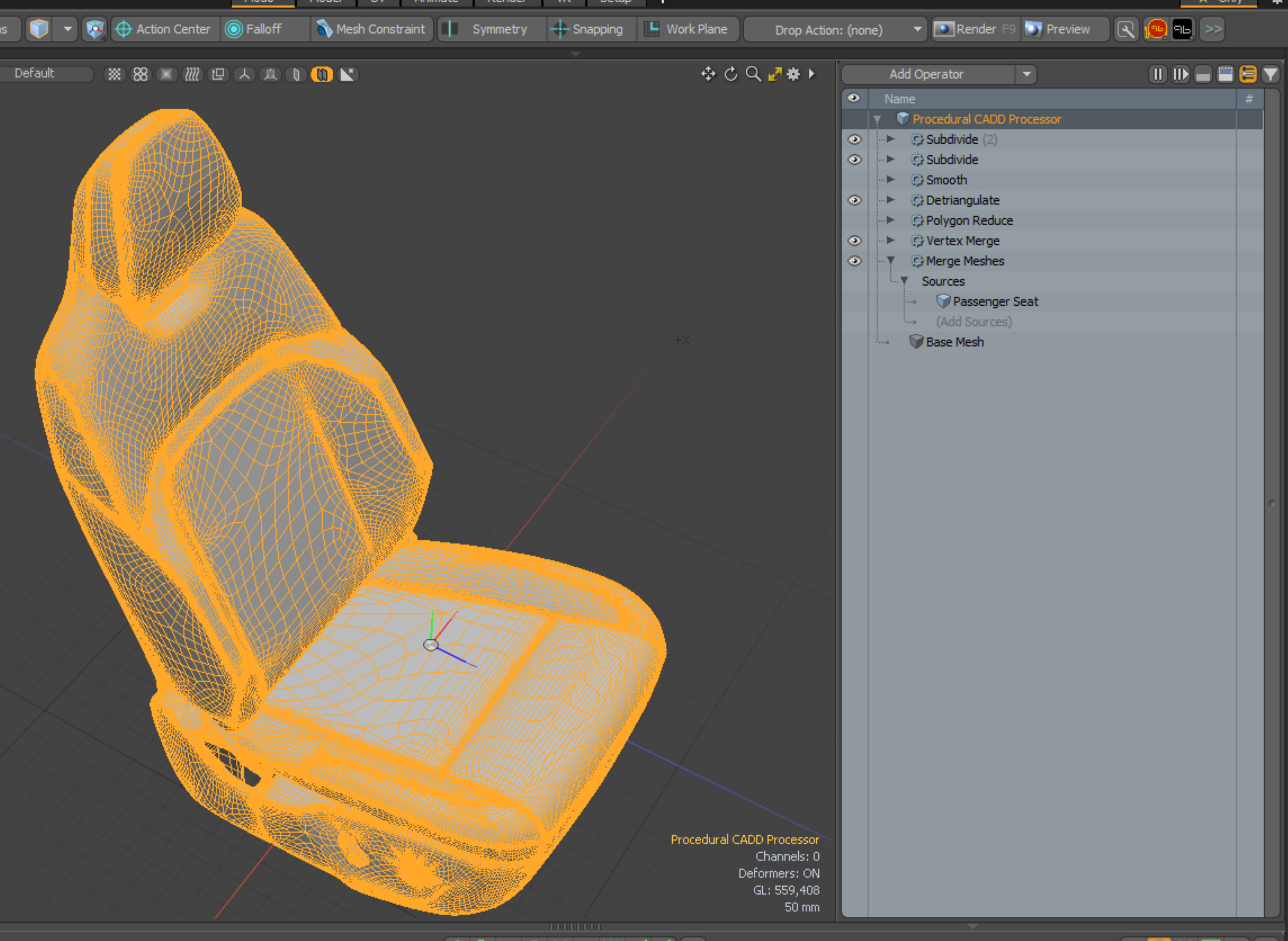 Procedural CADD processor assembly I developed in Modo to handle incoming CADD meshes in Modo.