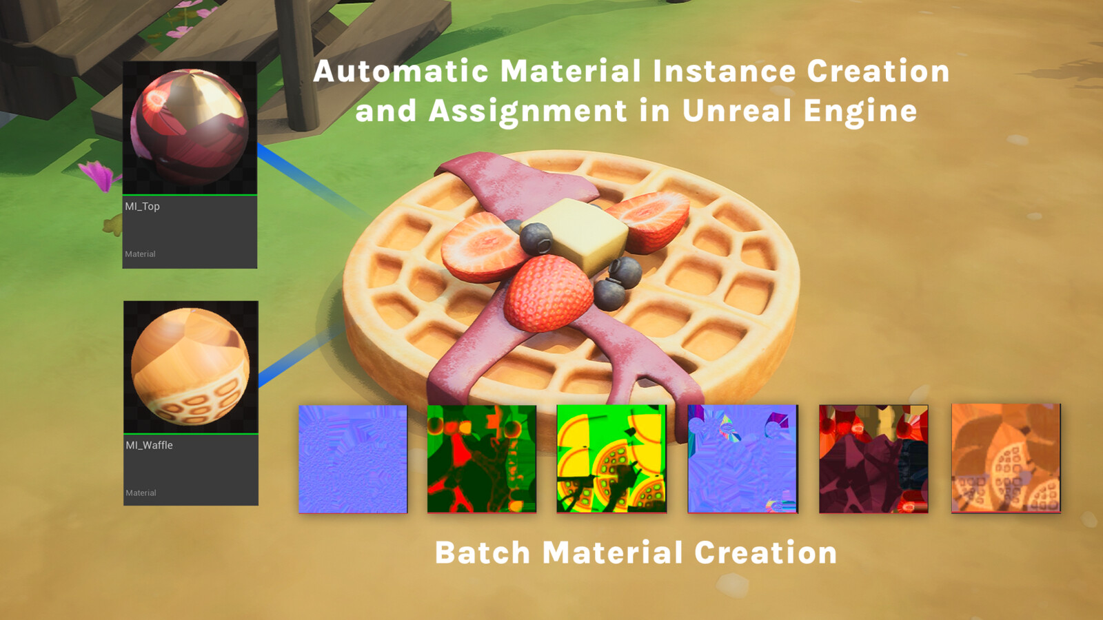 The Unreal part of the tool takes care of importing the meshes and textures and assign everything as Material Instances from a given Master Material. This functionality is derived from the naming convention and can accommodate batch assets.
