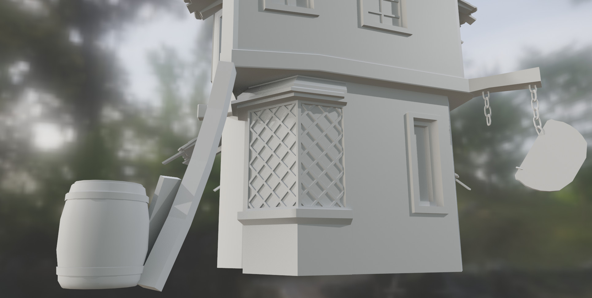 A close up of the corner window and a long plank placed under the corner of the second floor to keep it from sloping any further