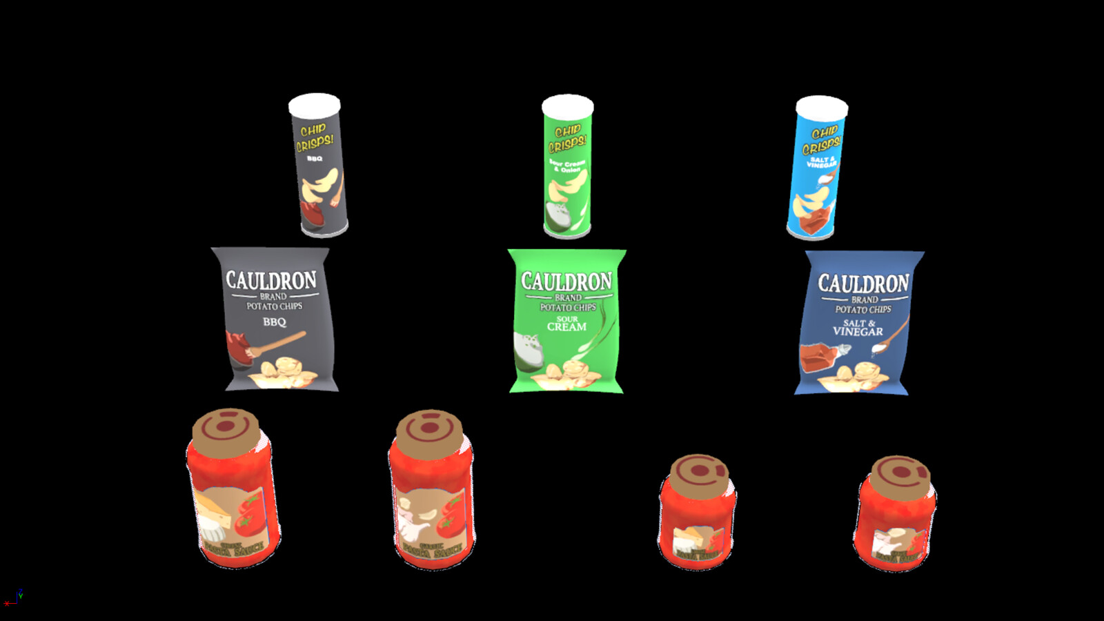 A collection of custom shelf food assets, including a custom glass shader written in UE5 for mobile VR.